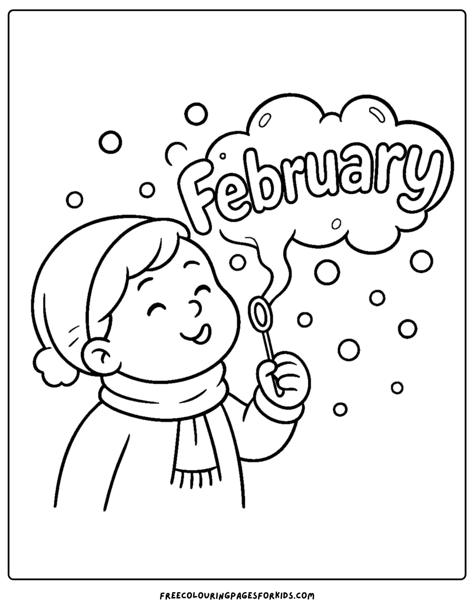 a February coloring page featuring a child blowing bubbles