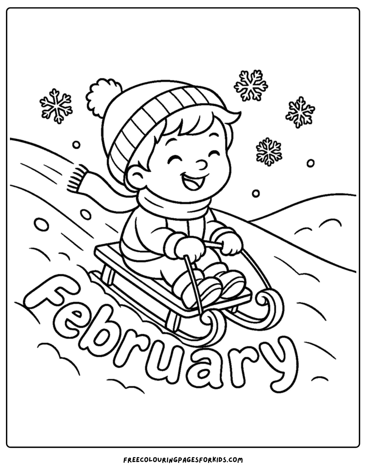 a February coloring page featuring a child sledding down a hill
