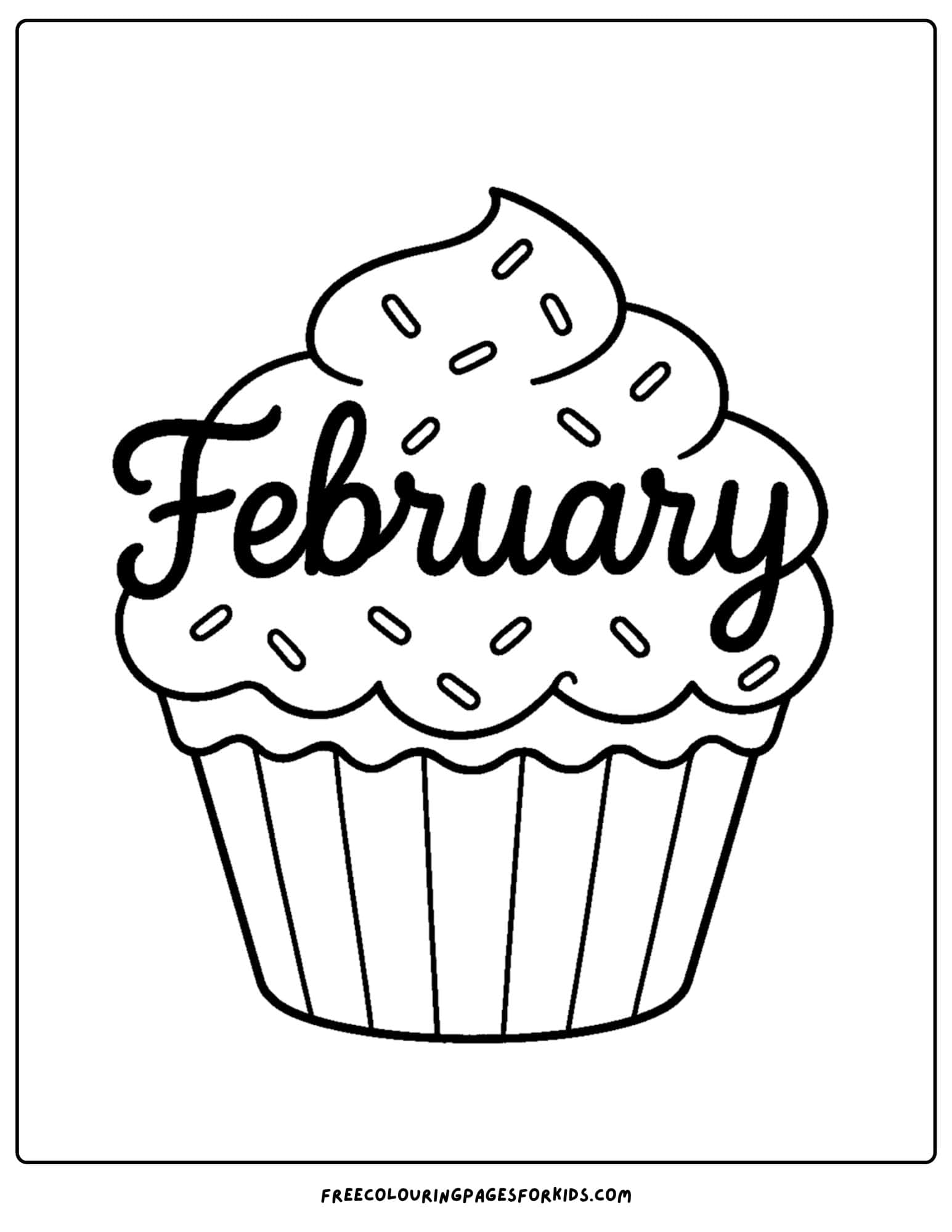 a February coloring page featuring a big cupcake