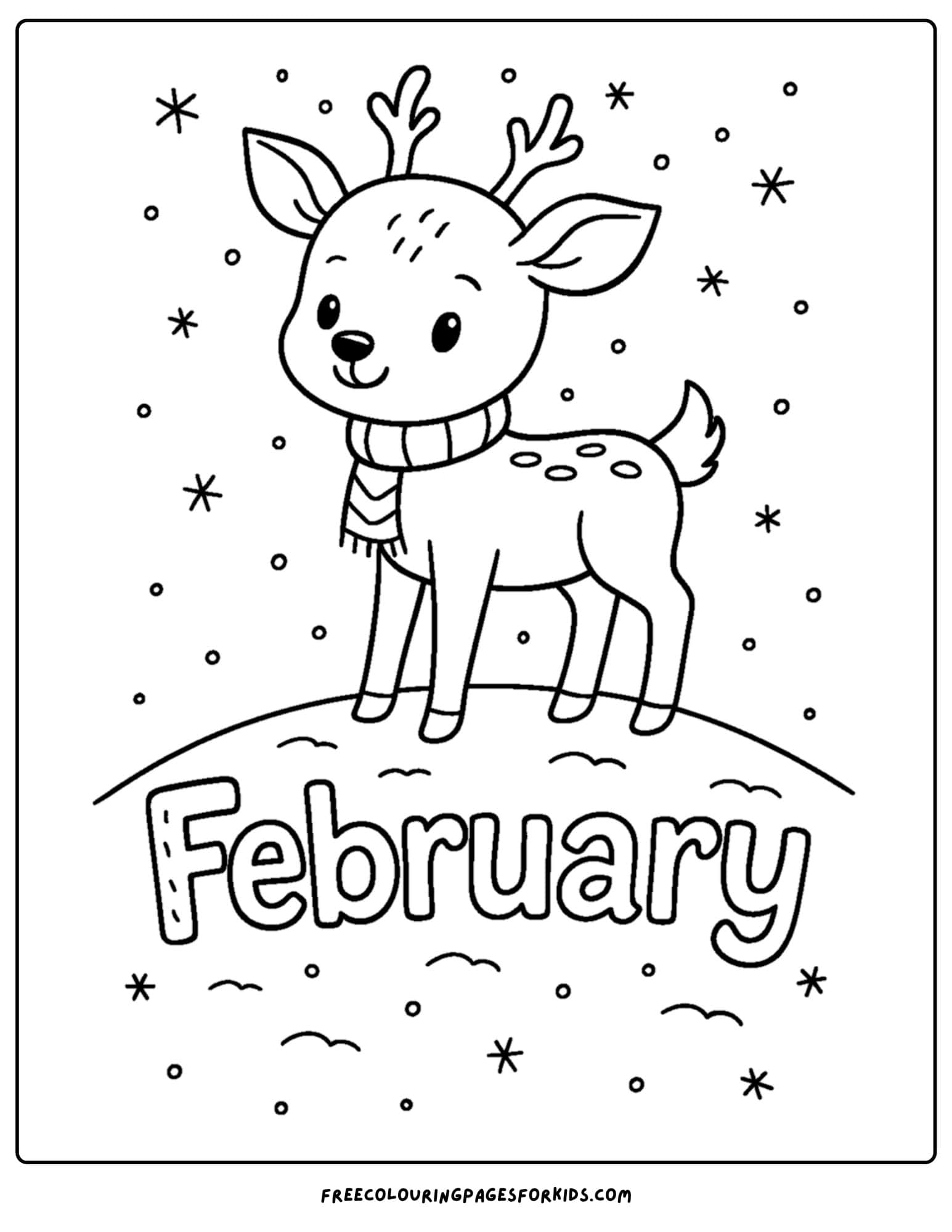 a February coloring page featuring a deer on a snowy hill
