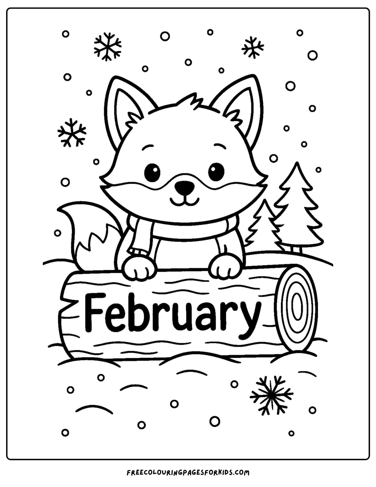 a February coloring page featuring a fox peeking over a snowy log