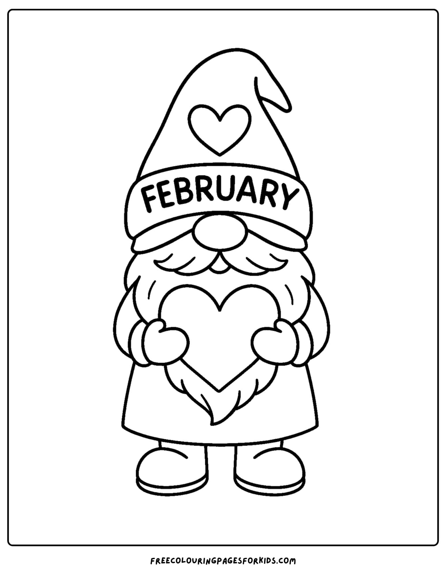 a February coloring page featuring a gnome with a heart on its hat