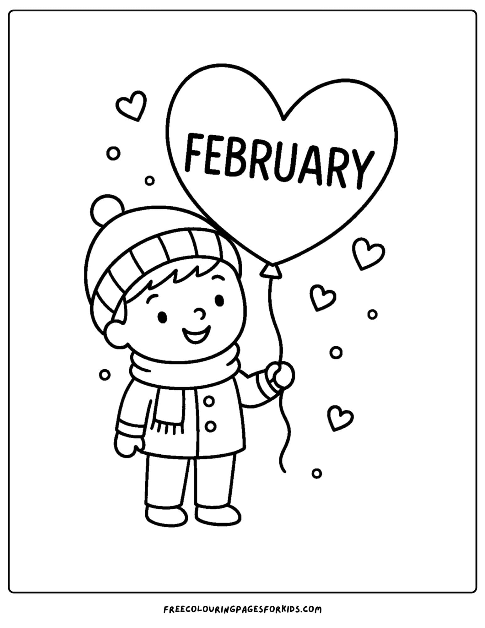 a February coloring page featuring a child with a heart shaped balloon