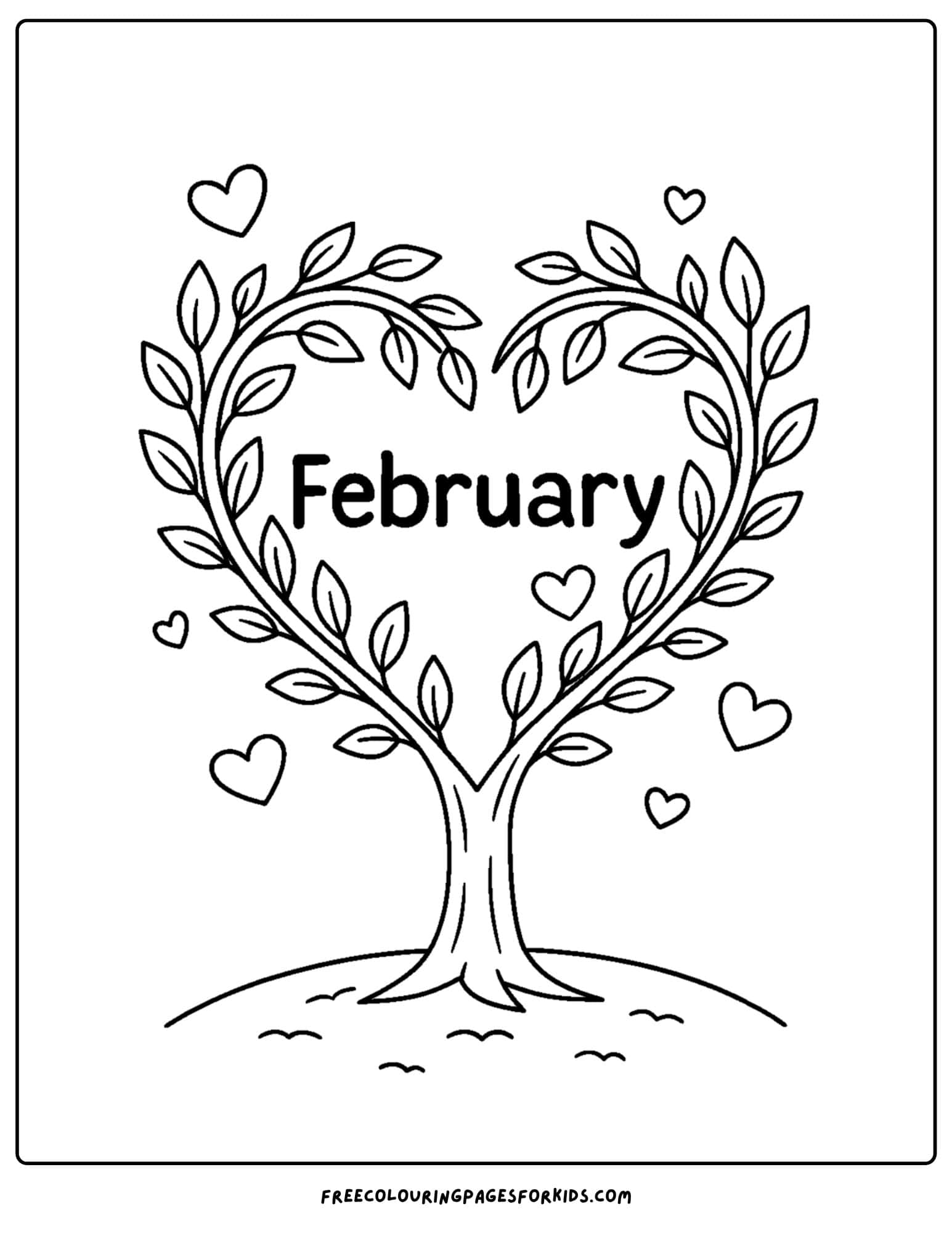 a February coloring page featuring a tree with its branches shaped like a heart