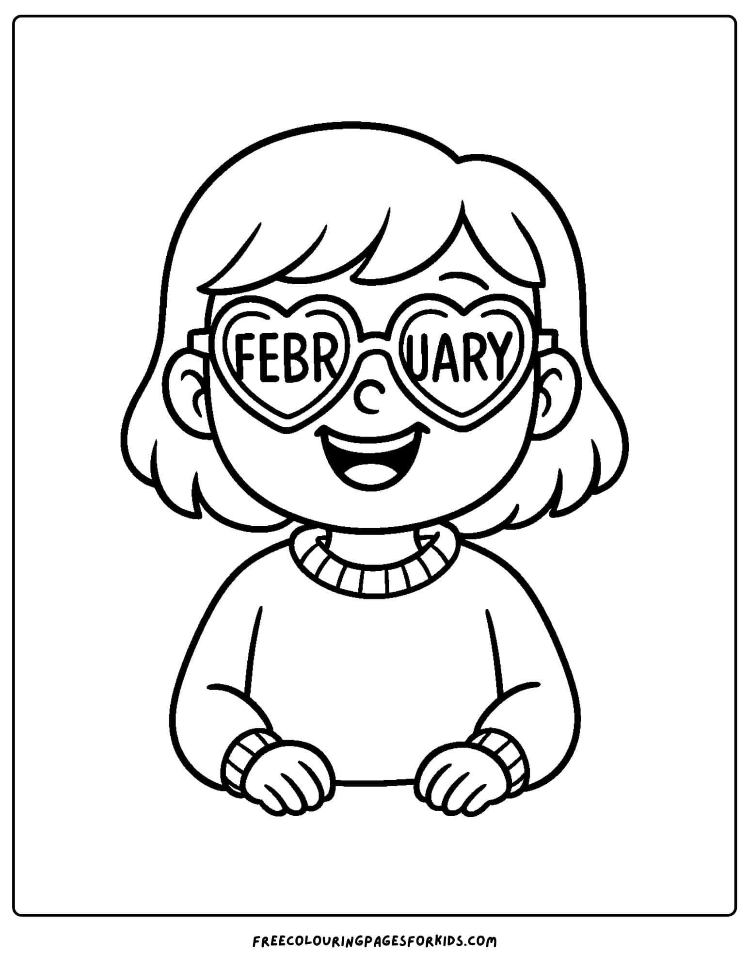 a February coloring page featuring a child wearing heart glasses