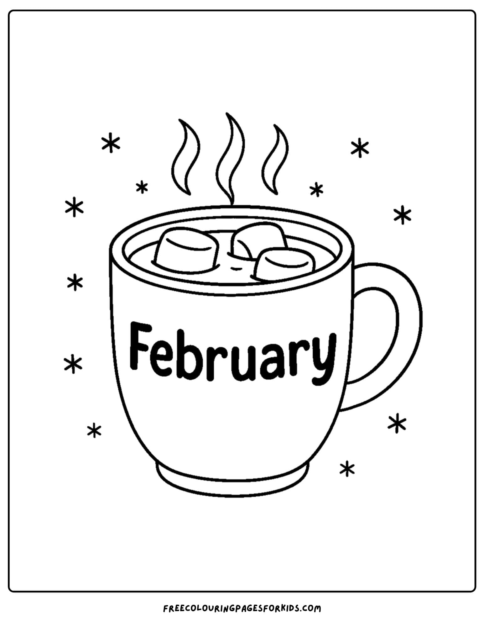 a February coloring page featuring a hot mug of cocoa