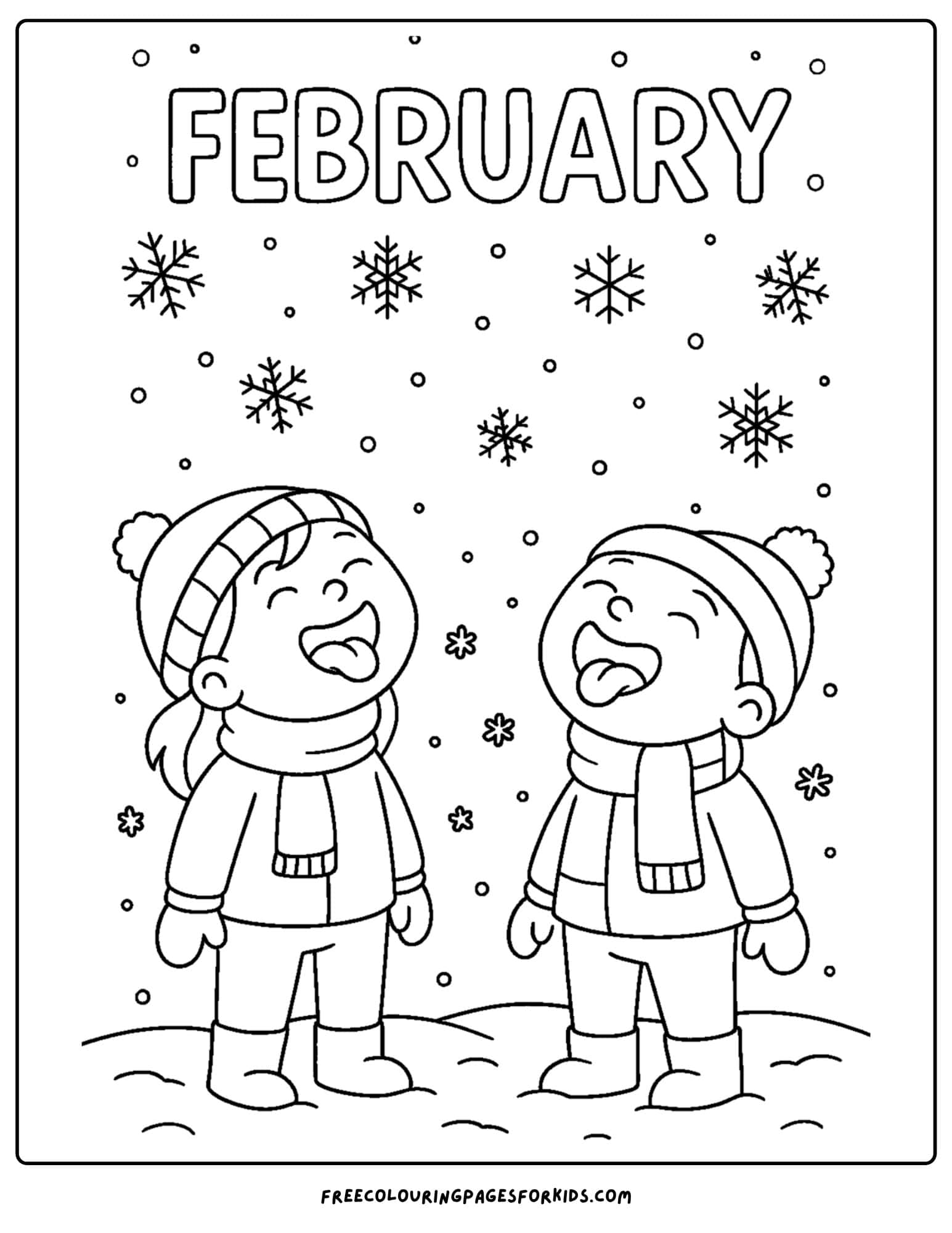 a February coloring page featuring kids catching snowflakes in their mouth