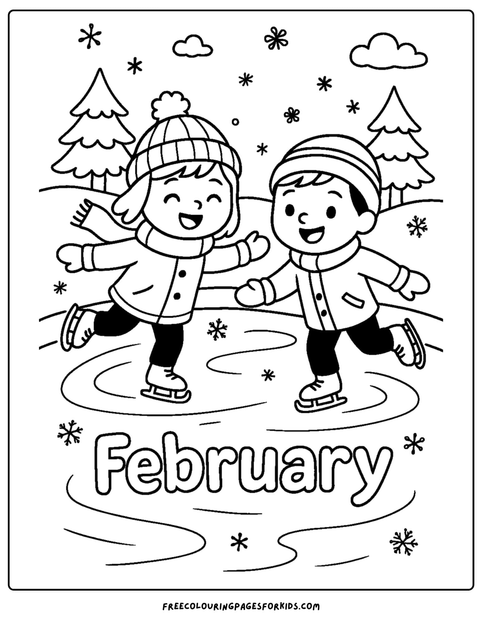 a February coloring page featuring kids ice skating on a pond