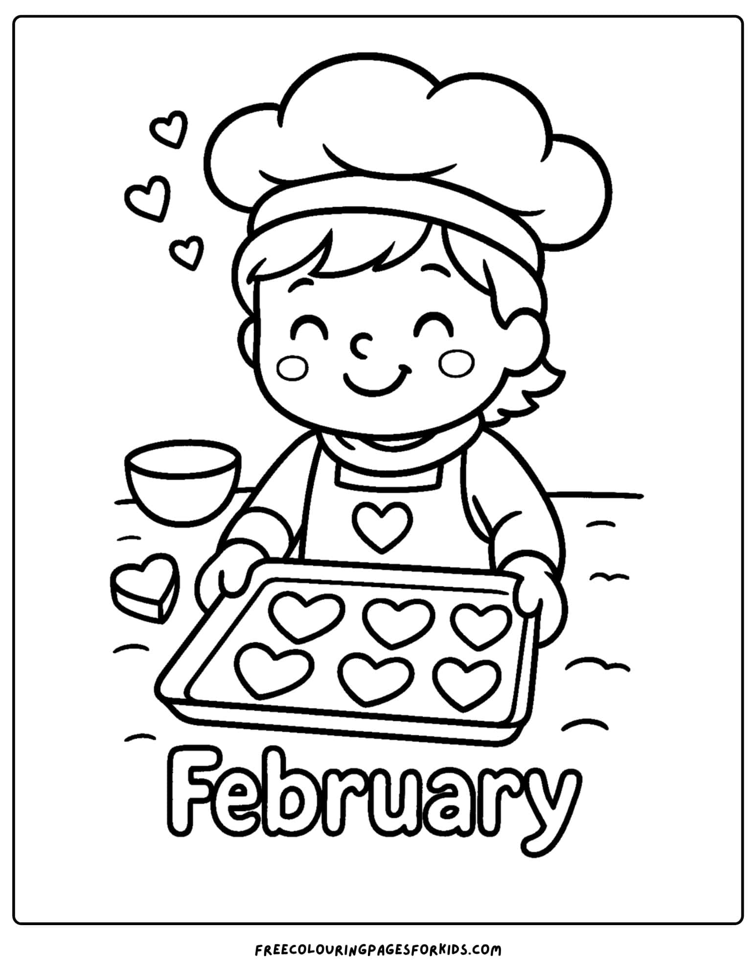 a February coloring page featuring a a child making heart shaped cookies
