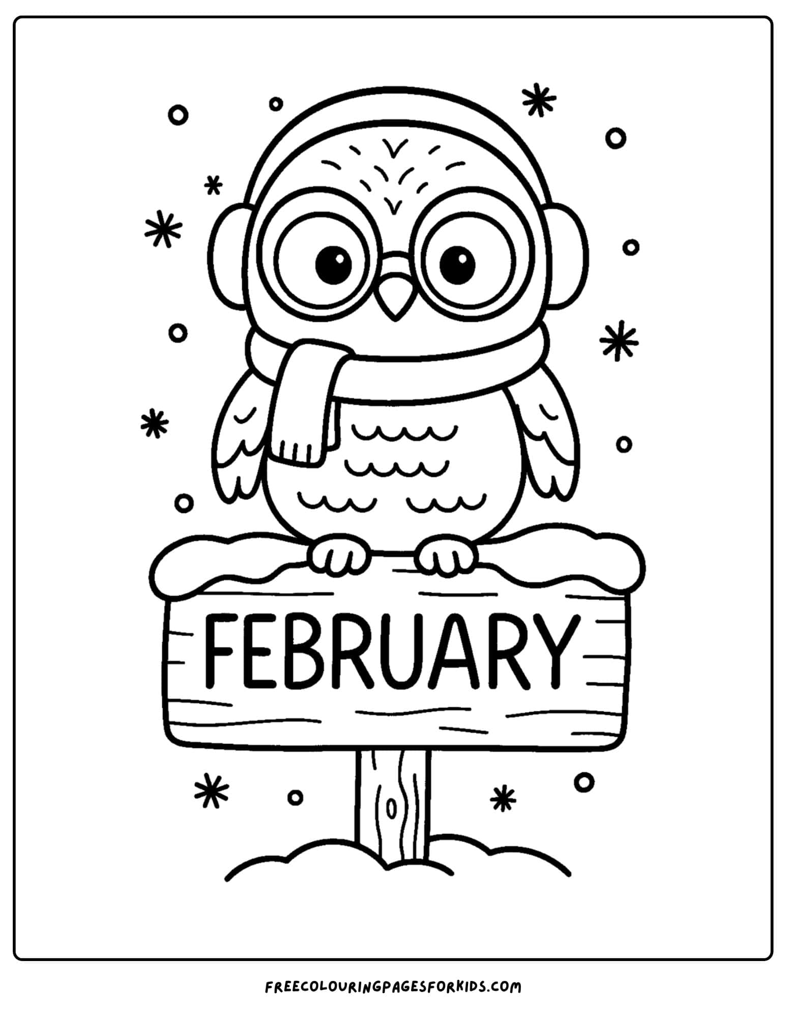 a February coloring page featuring a owl sitting in a sign in the snow