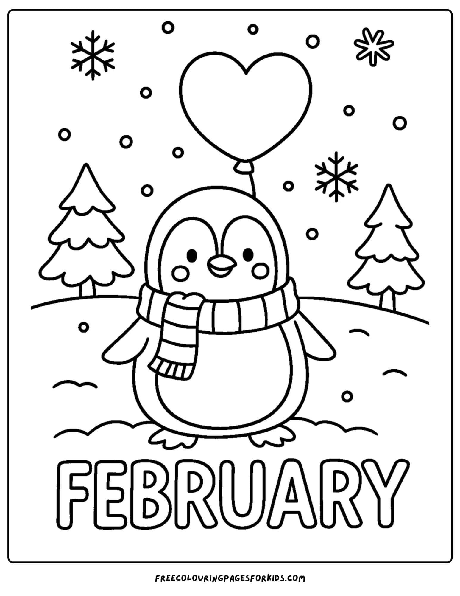 a February coloring page featuring a penguiin wearing a scarf and with a heart shaped balloon