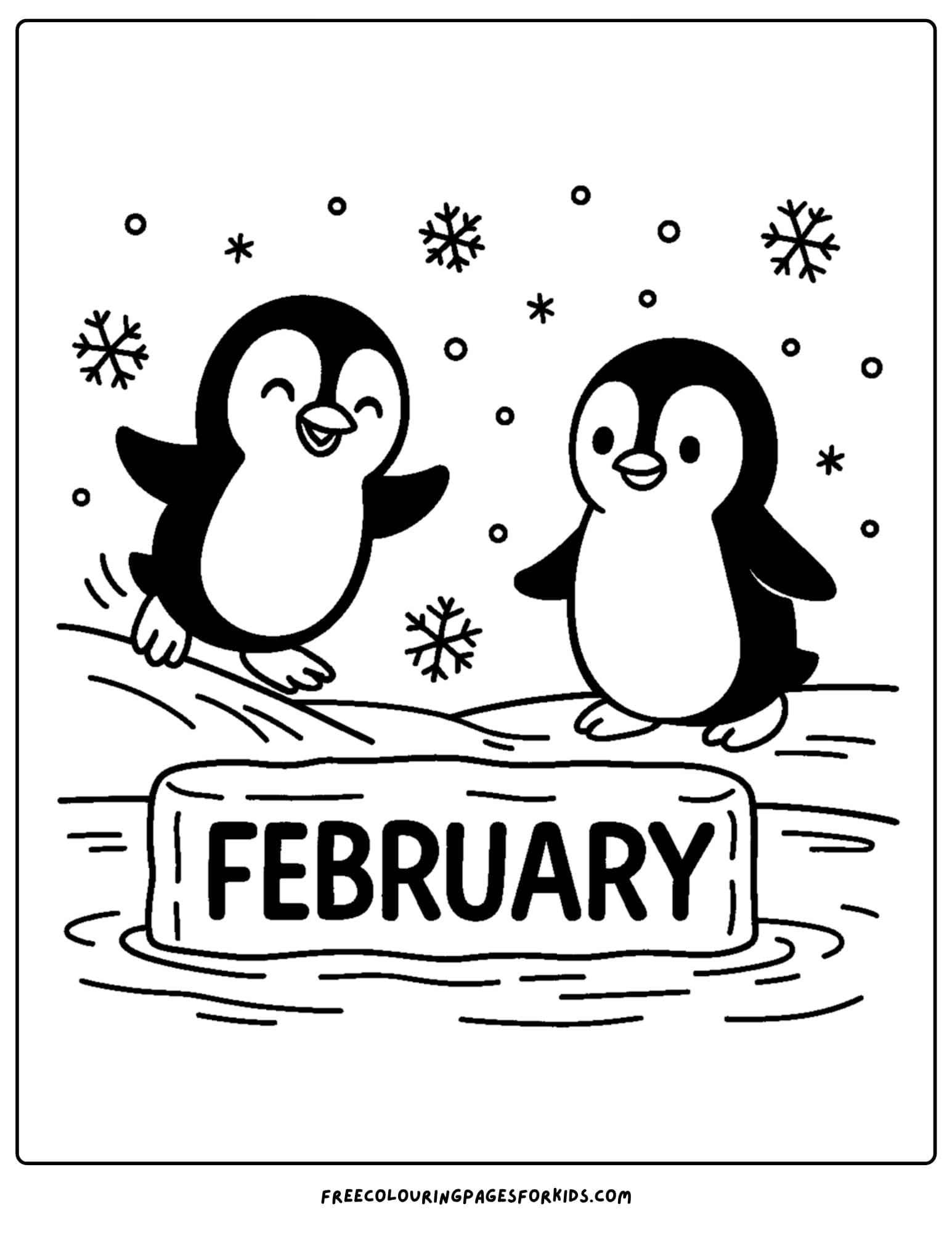 a February coloring page featuring two penguins sliding on the ice