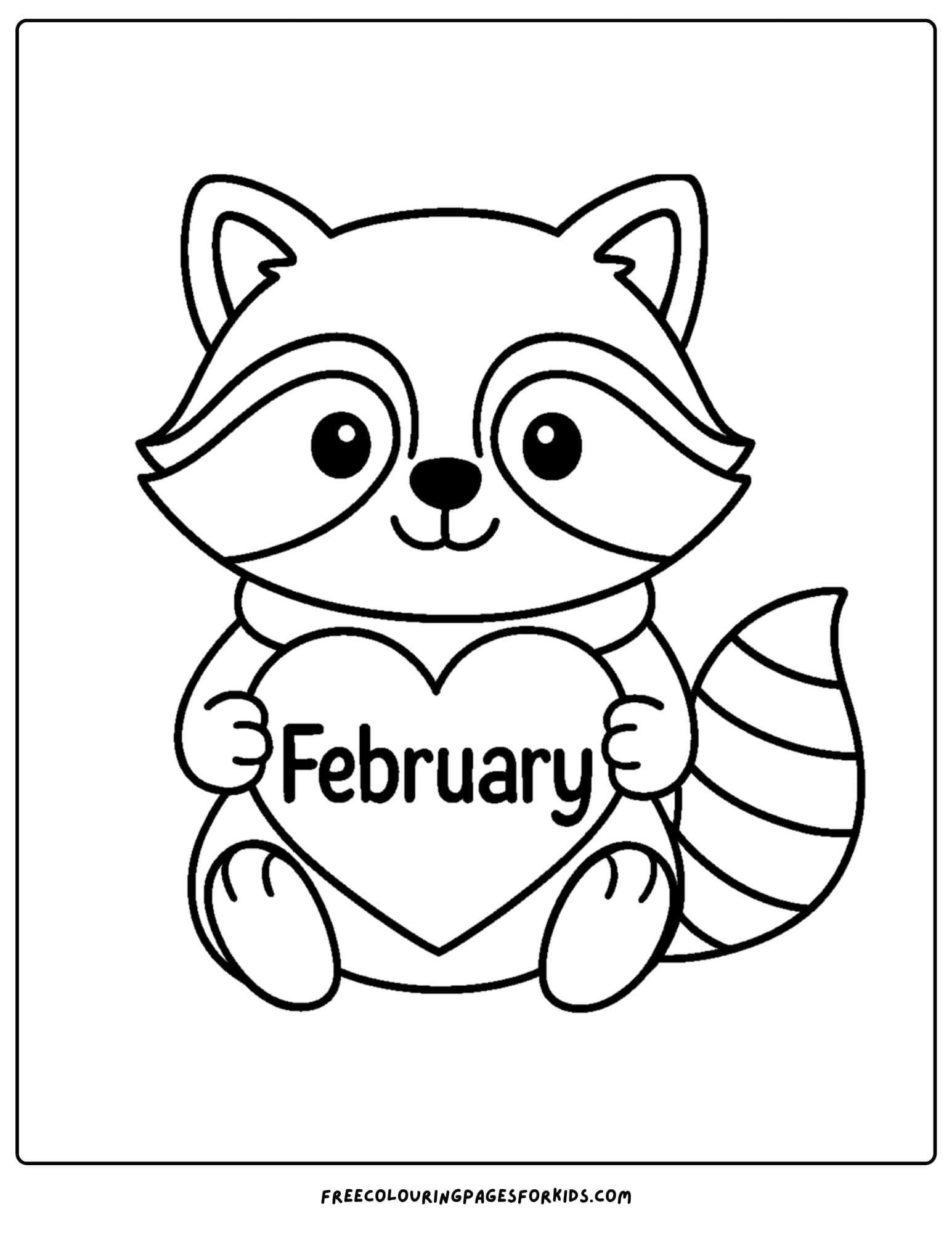 a February coloring page featuring a raccoon holding a valentine heart