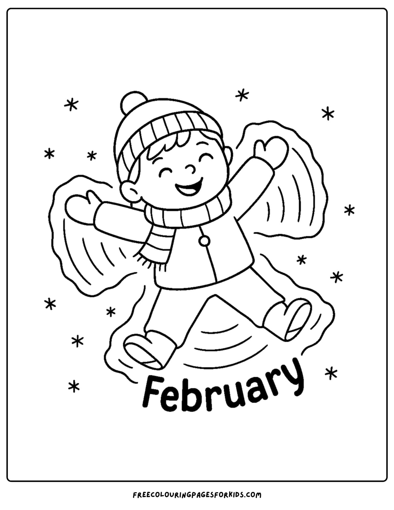 a February coloring page featuring a child making a snow angel