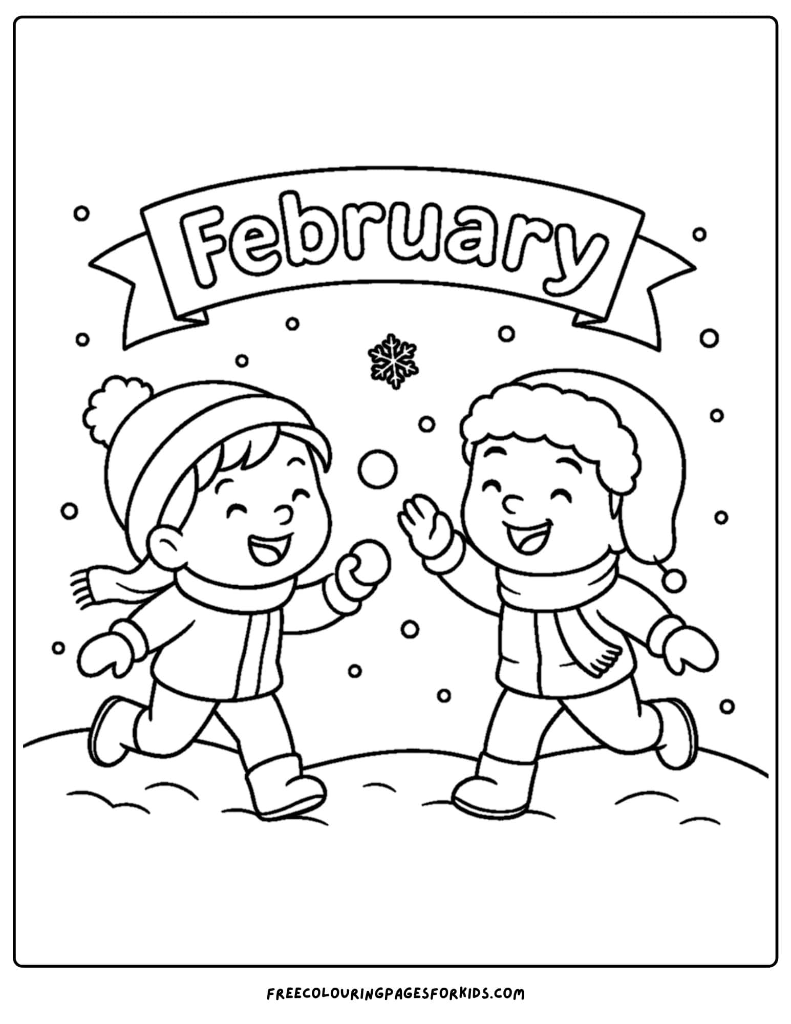 a February coloring page featuring kids having a snowball fight