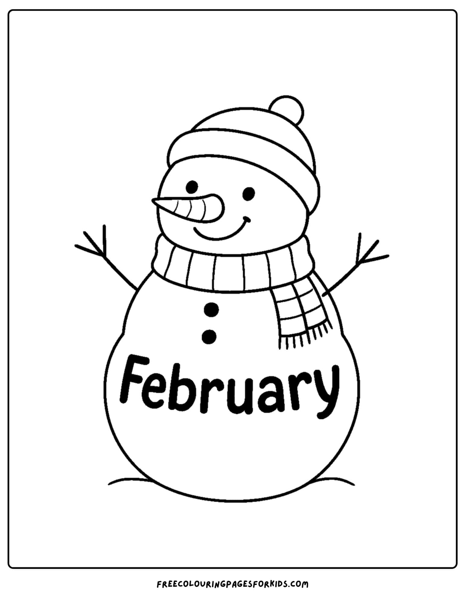 a February coloring page featuring a cozy snowman wearing a scarf and hat
