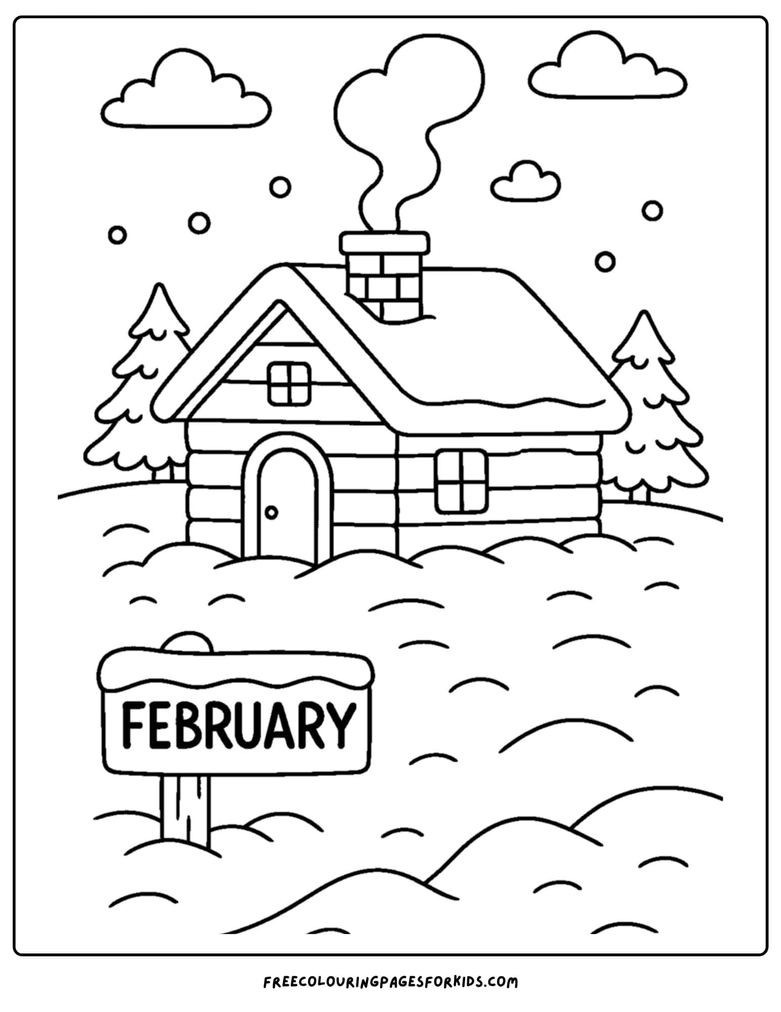 a February coloring page featuring a winter cabin in the snow