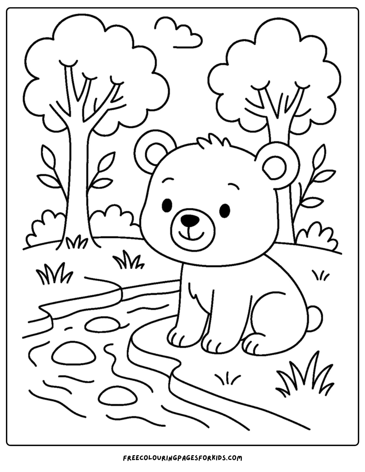 a nature coloring page featuring a bear cub by a stream