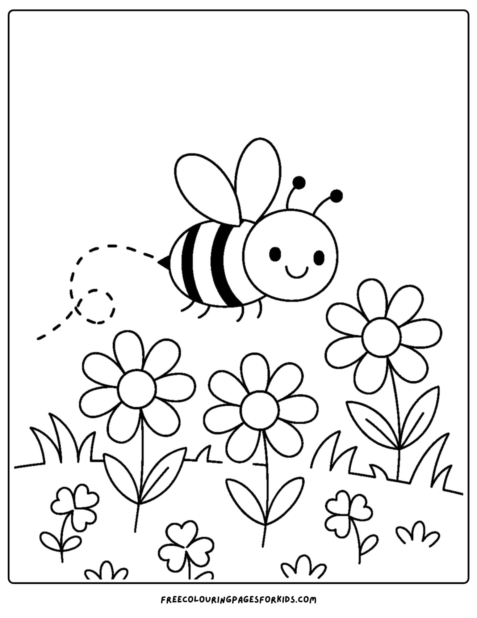 a nature coloring page featuring a bee buzzing over flowers