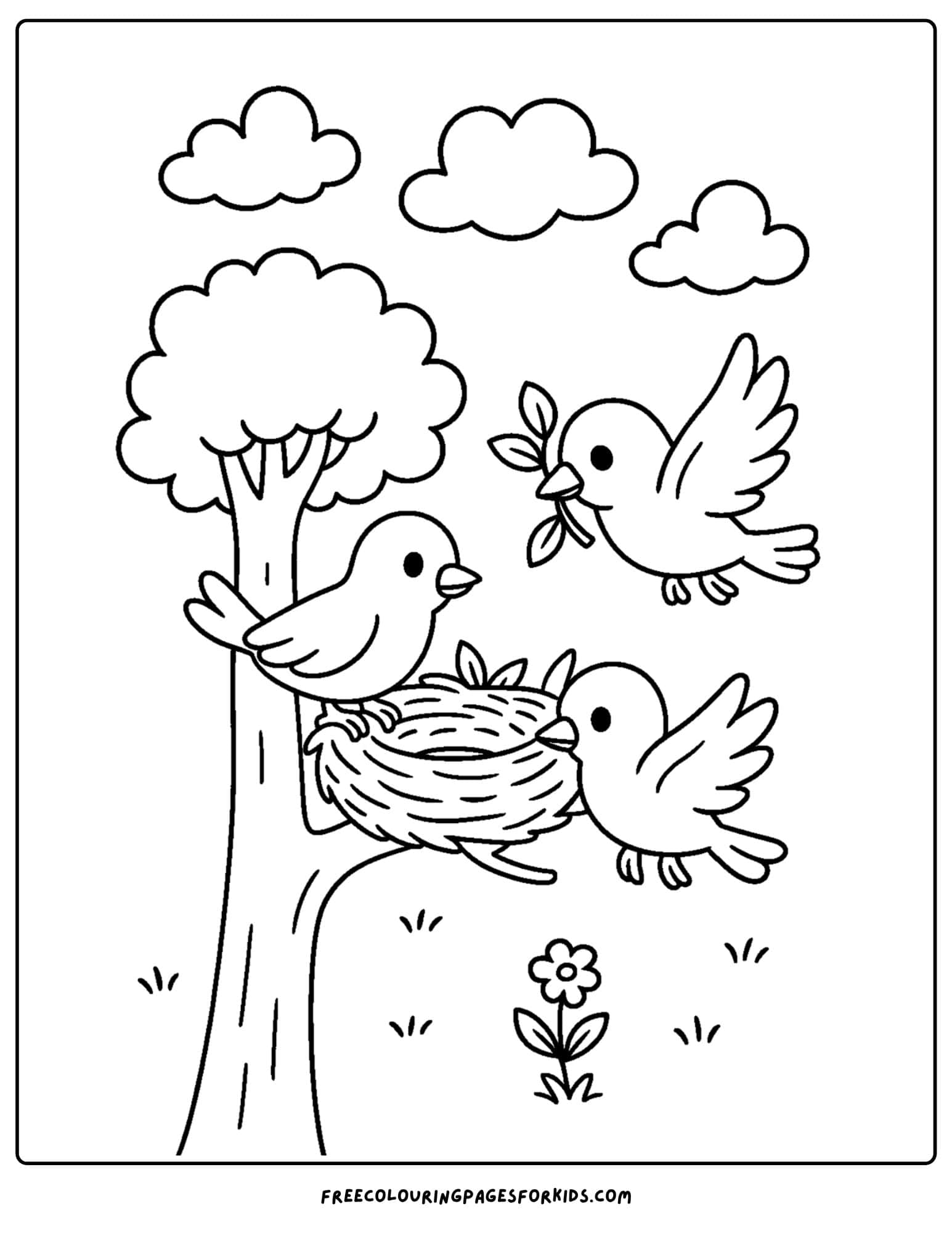 a nature coloring page featuring birds building a nest in a tree