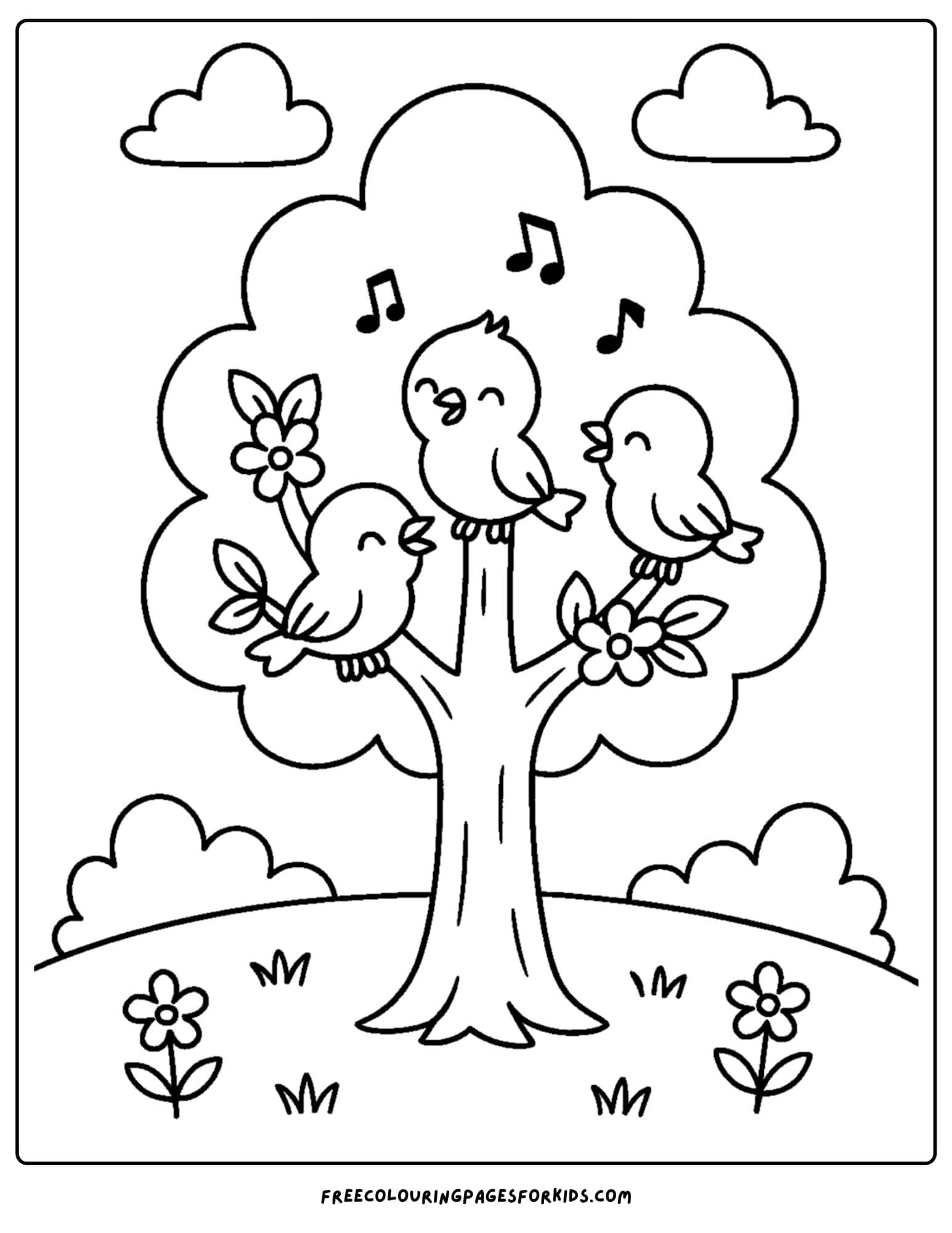 a nature coloring page featuring birds singing in a tree