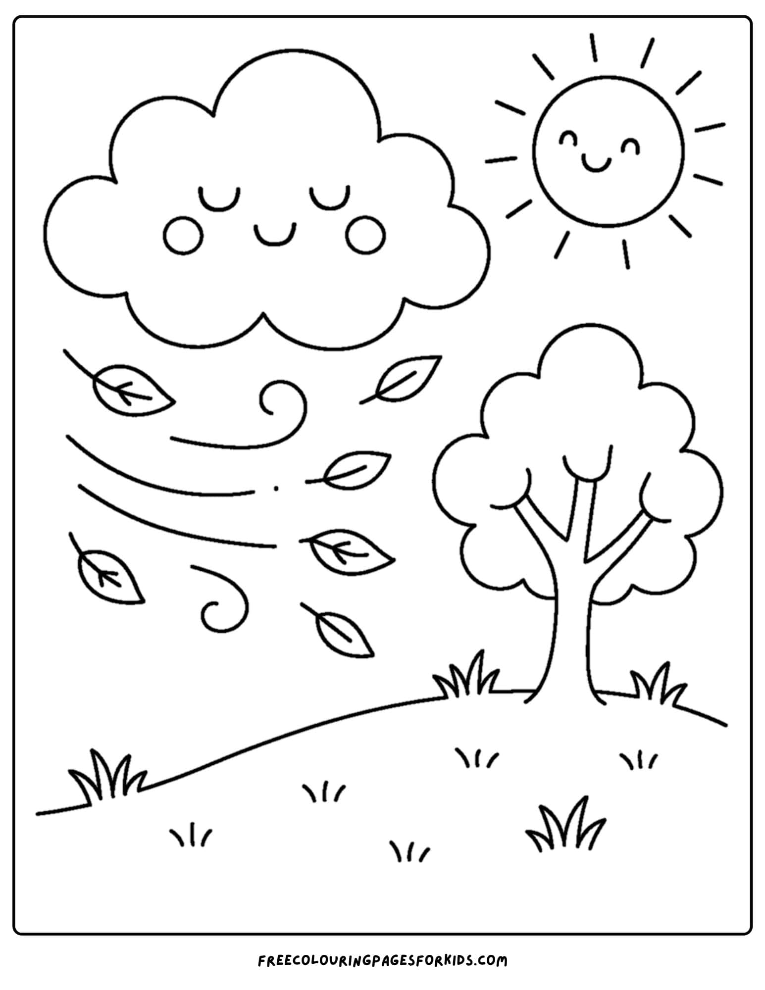 a nature coloring page featuring a breeze blowing leaves across a field