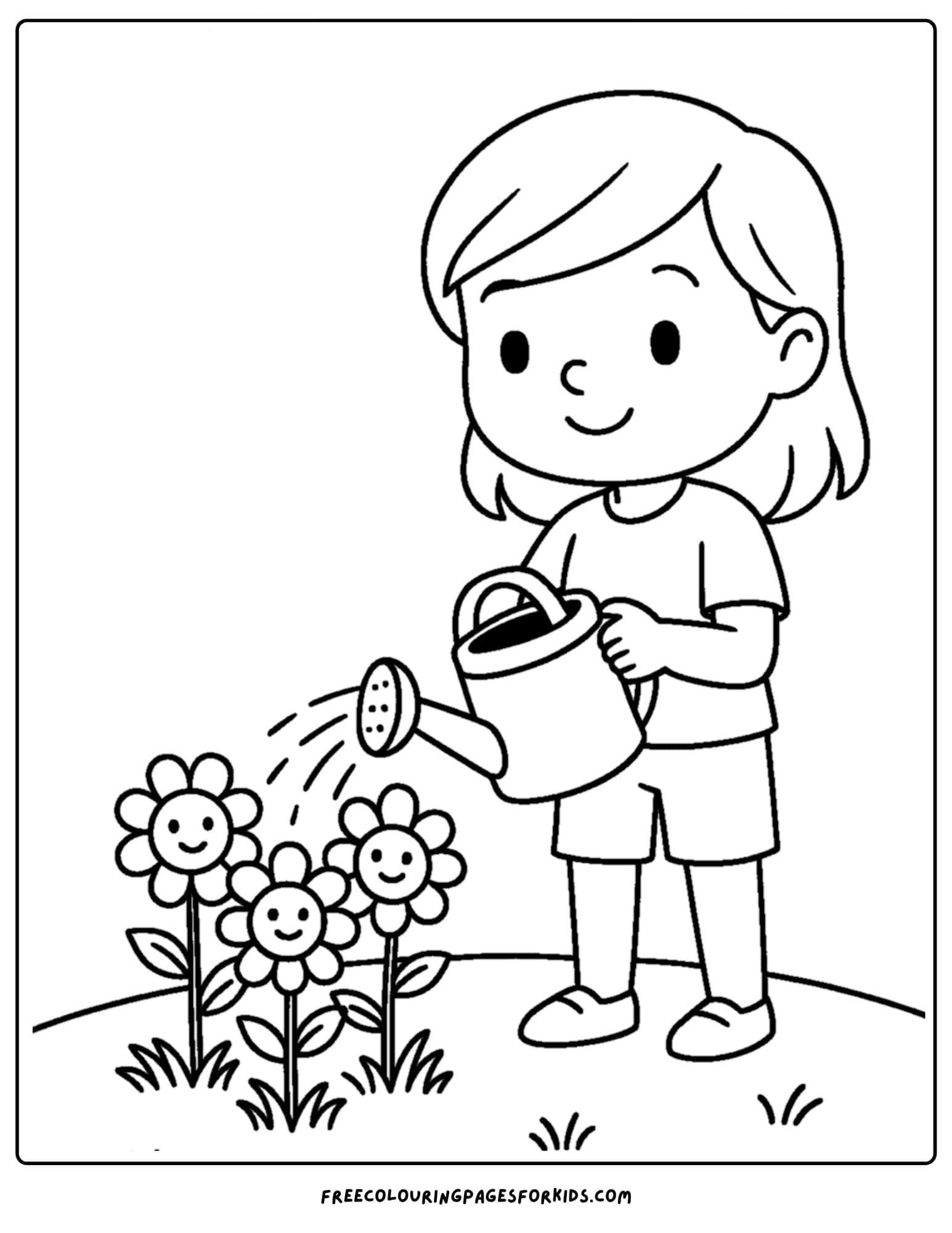 a nature coloring page featuring a girl watering flowers