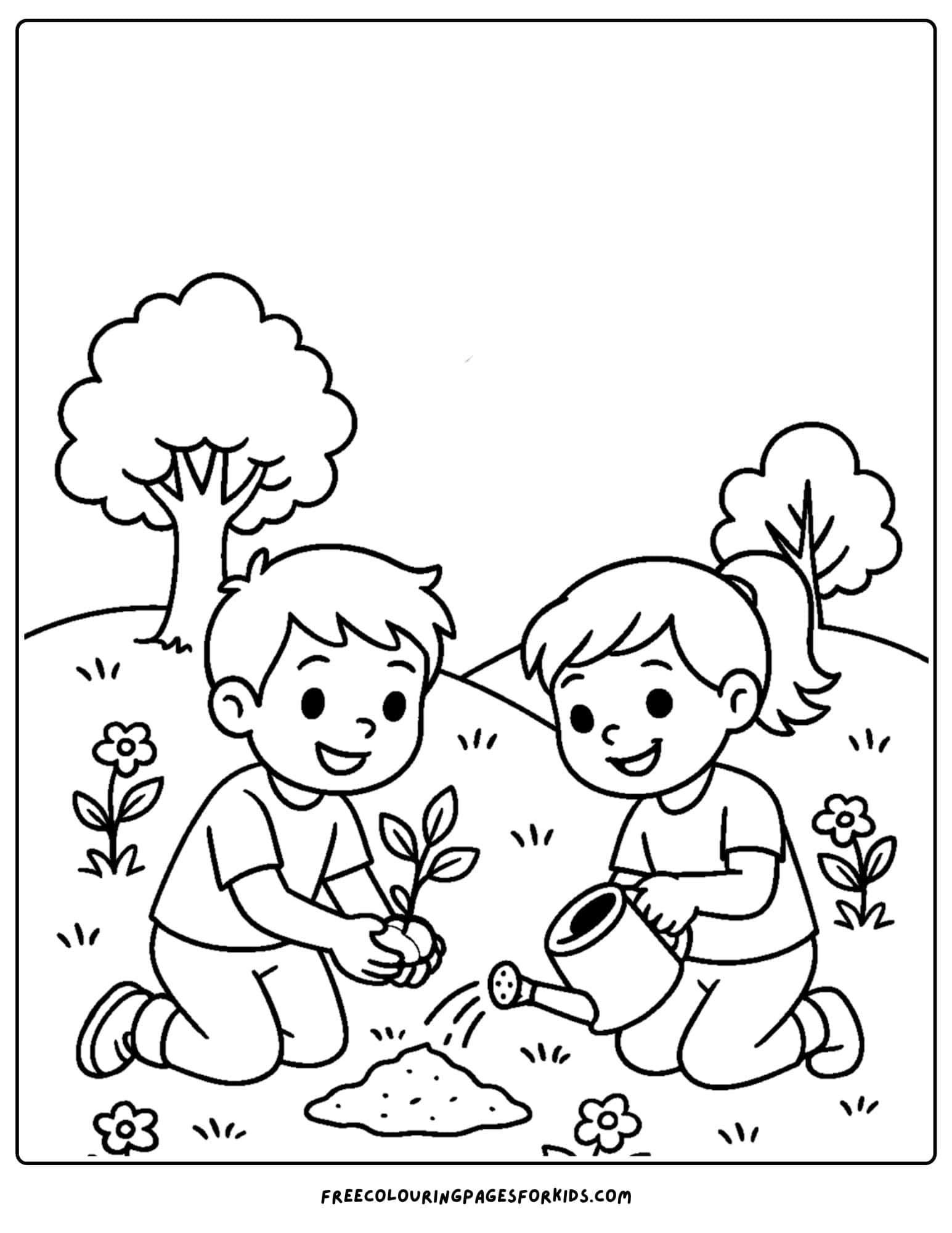 a nature coloring page featuring kids planting trees