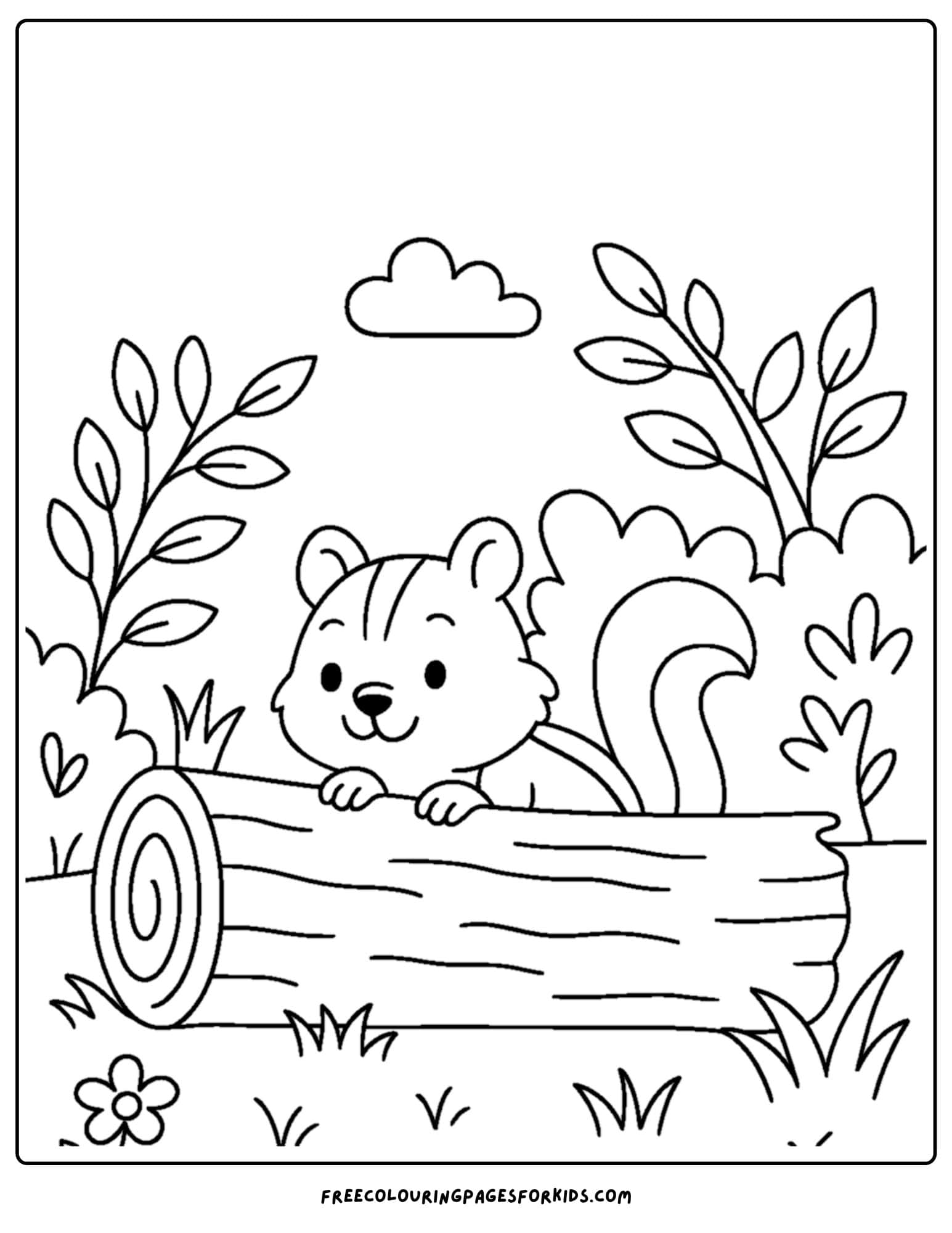 a nature coloring page featuring a chipmunk behind a log