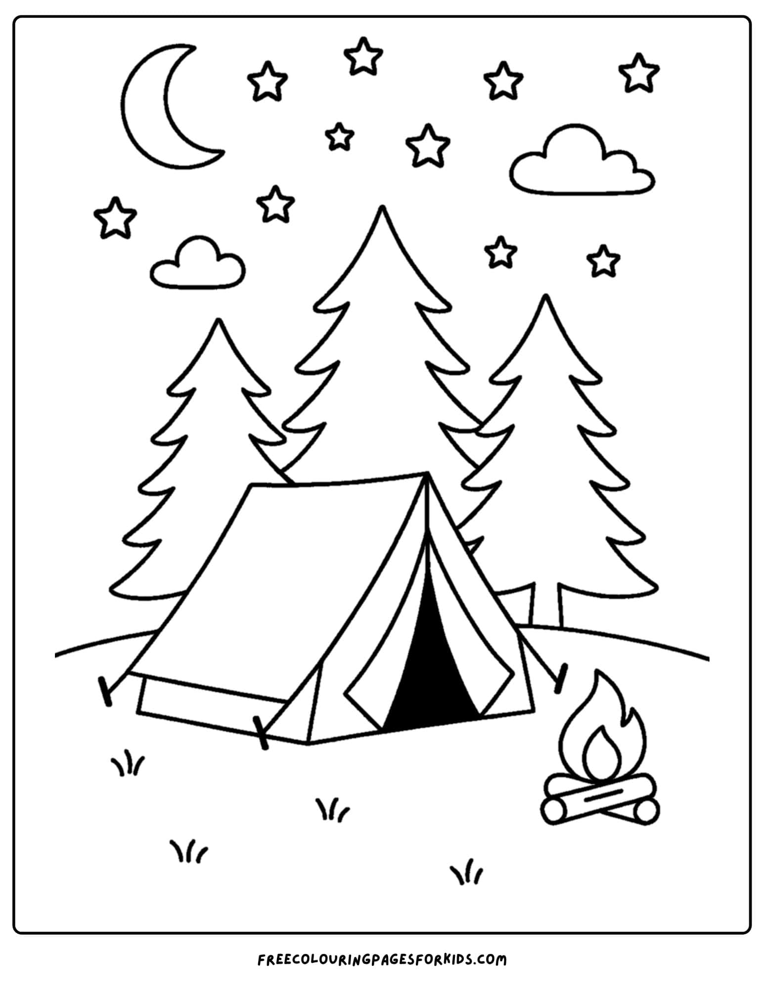 a nature coloring page featuring a campsite with a tent and fire under the stars
