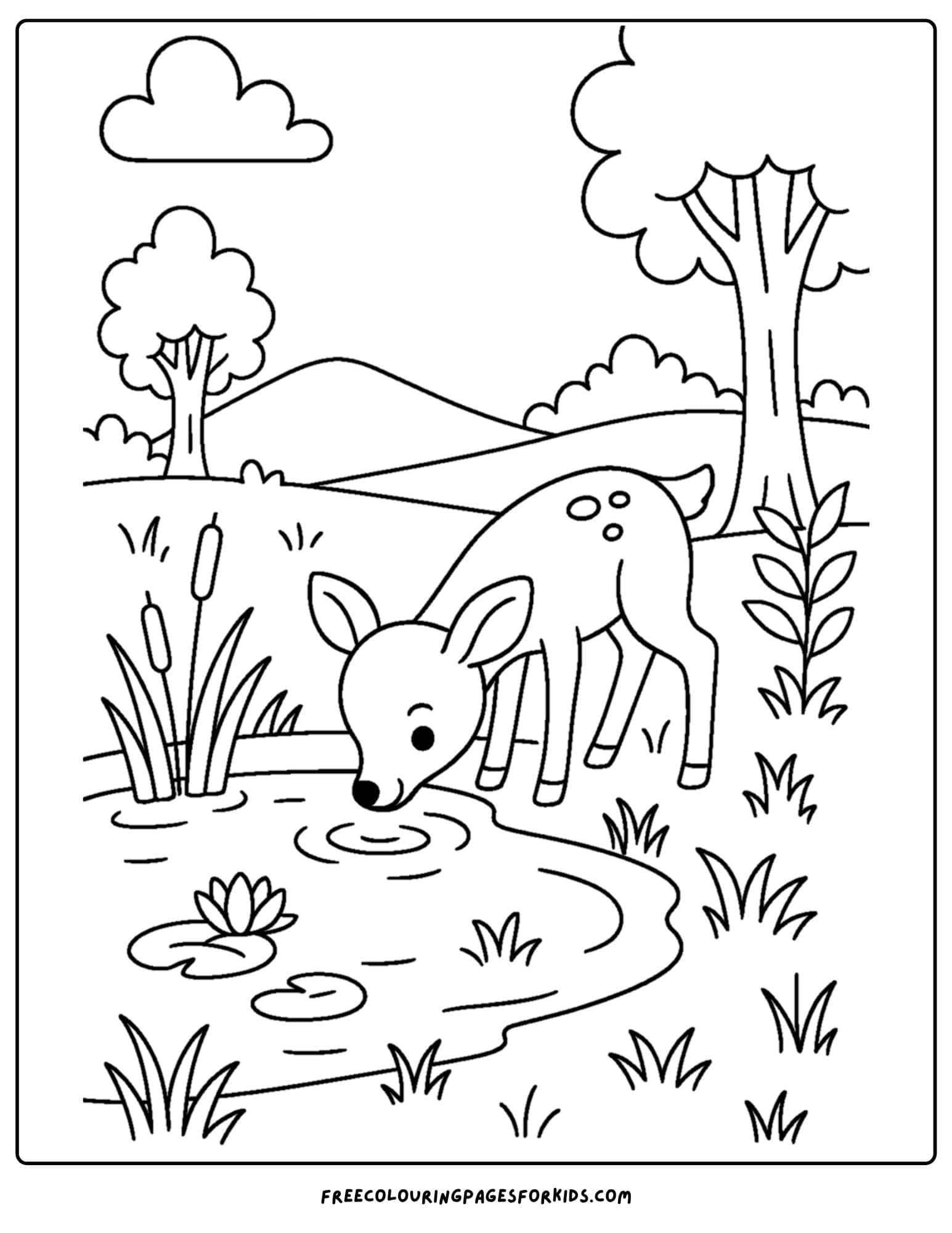 a nature coloring page featuring a deer drinking from a pond