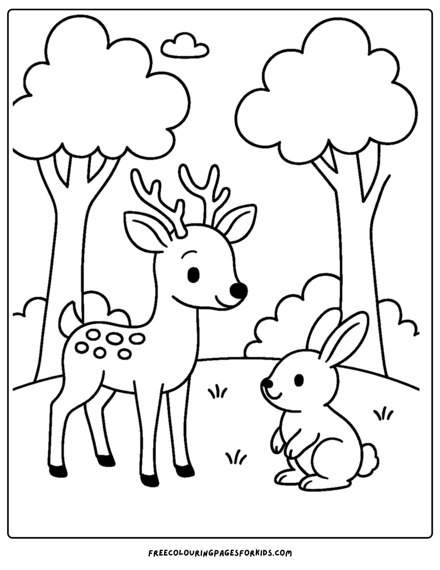 a nature coloring page featuring a deer and a rabbit in a forest clearing