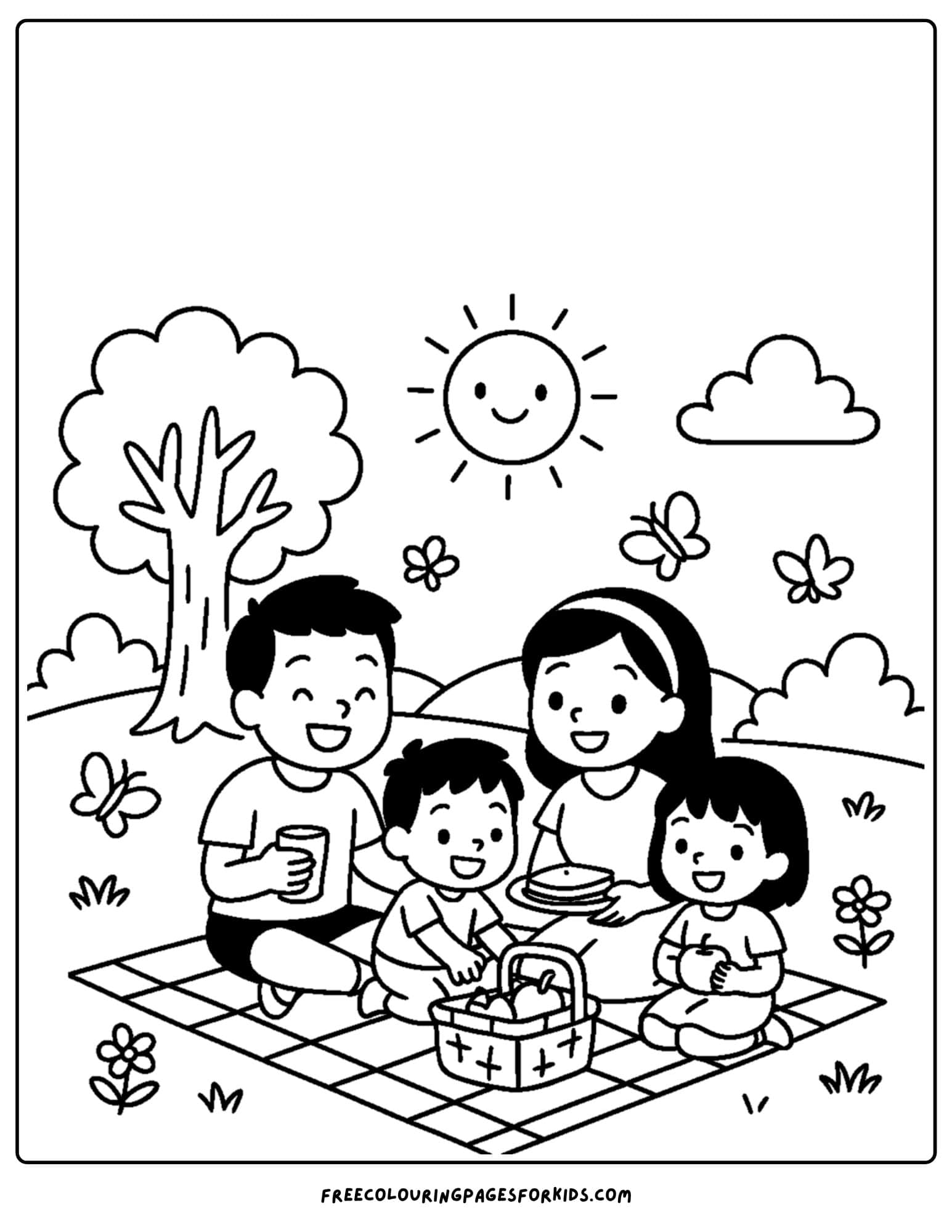 a nature coloring page featuring a family picnic in a park