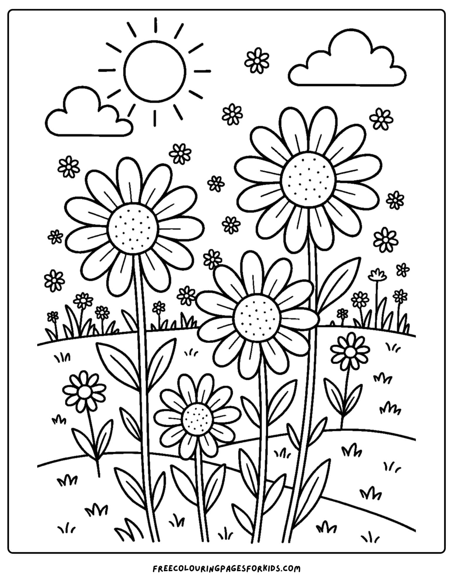 a nature coloring page featuring a field of daisies