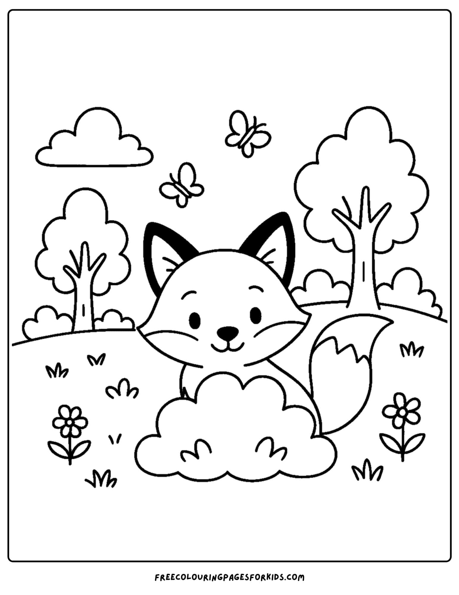 a nature coloring page featuring a fox hiding behind a bush