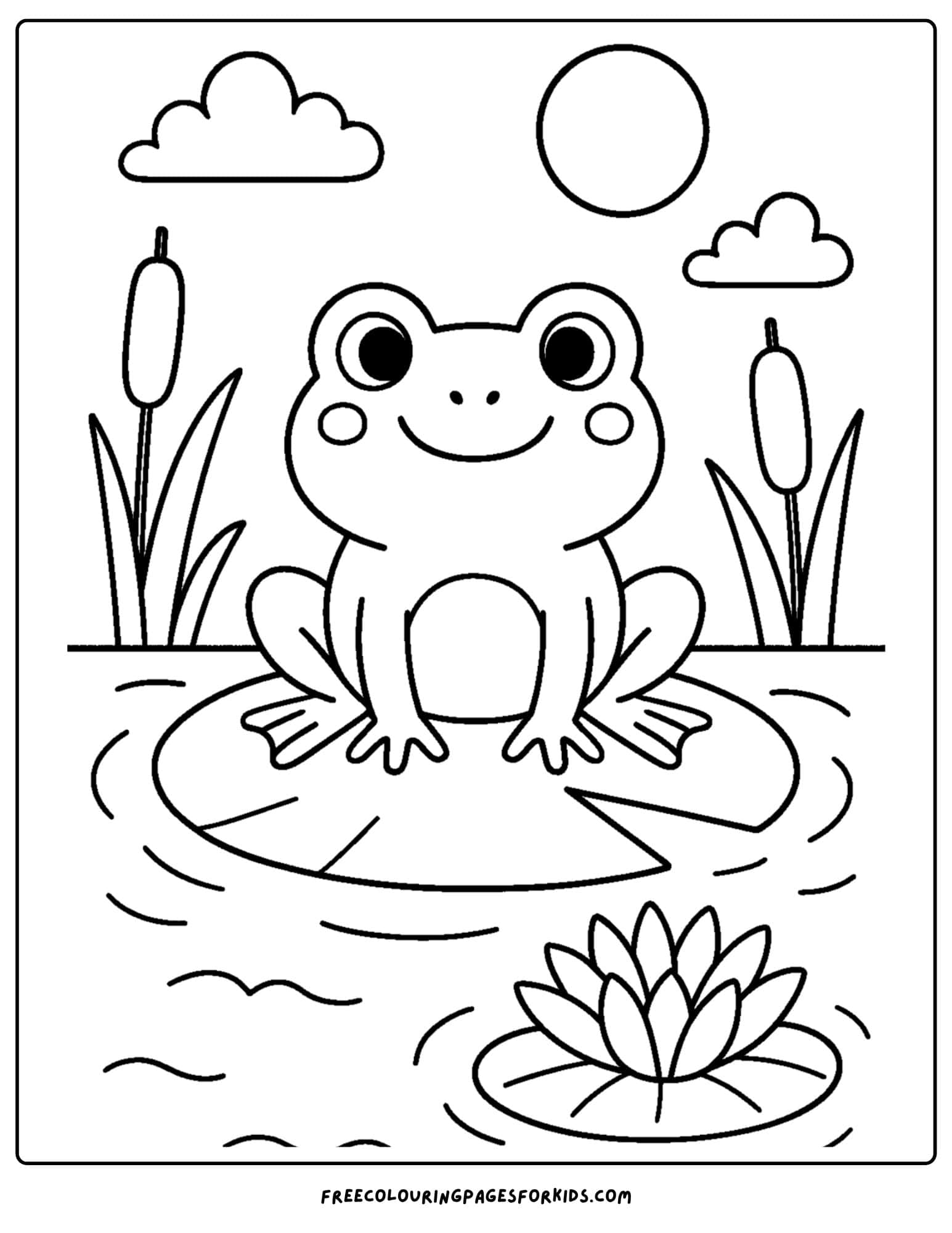 a nature coloring page featuring a frog on a lilypad