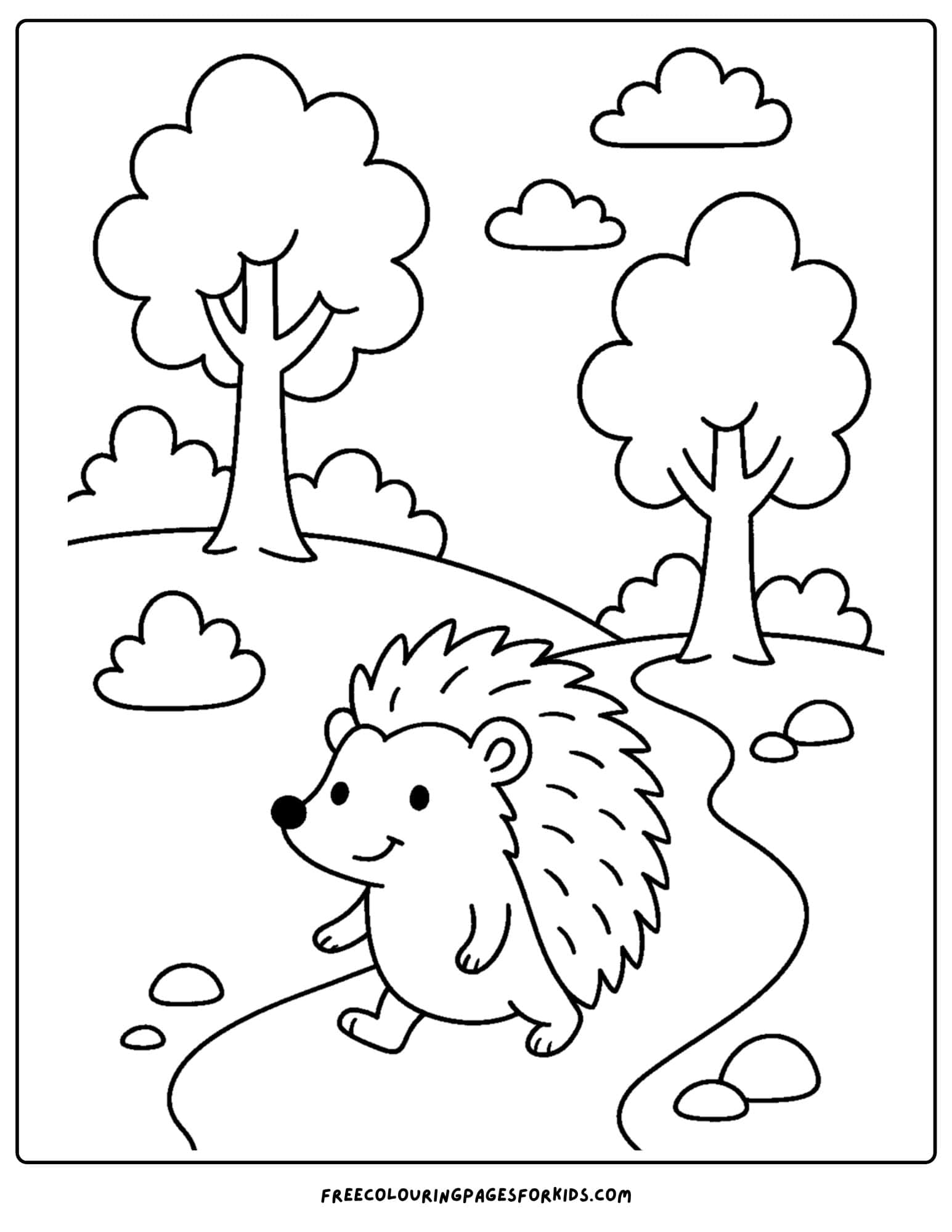 a nature coloring page featuring a hedgehog on a forest path