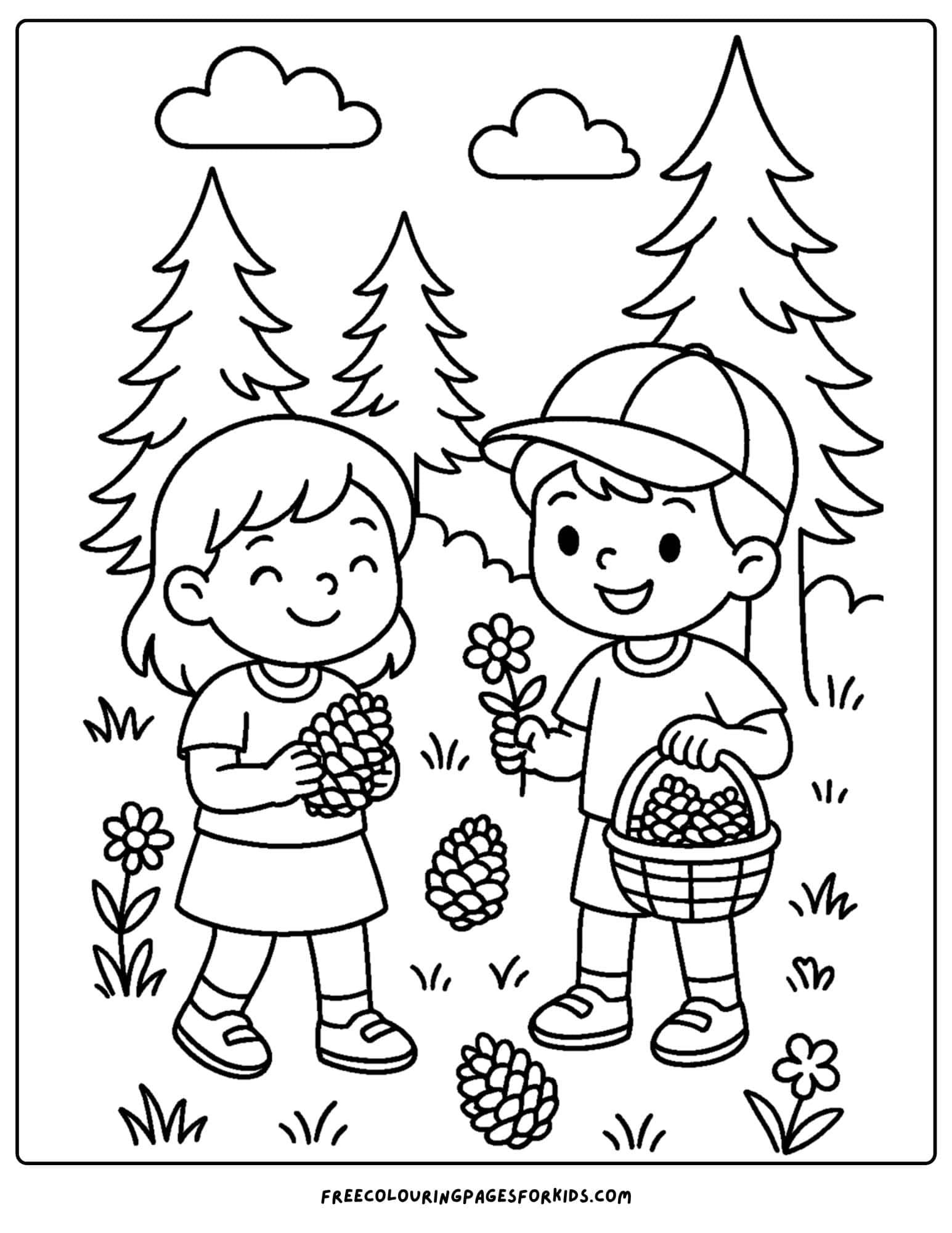 a nature coloring page featuring kids collecting pine cones in the forest