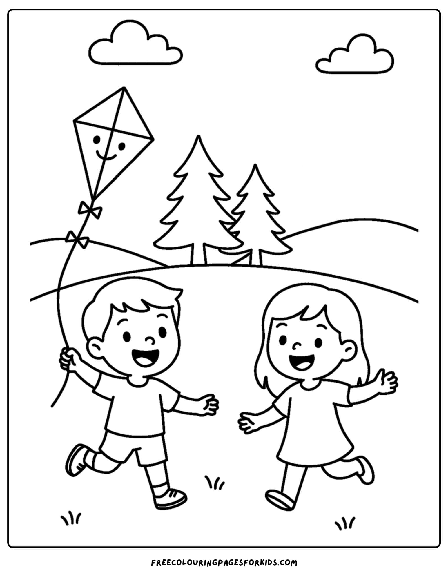 a nature coloring page featuring kids running in a park with a kite