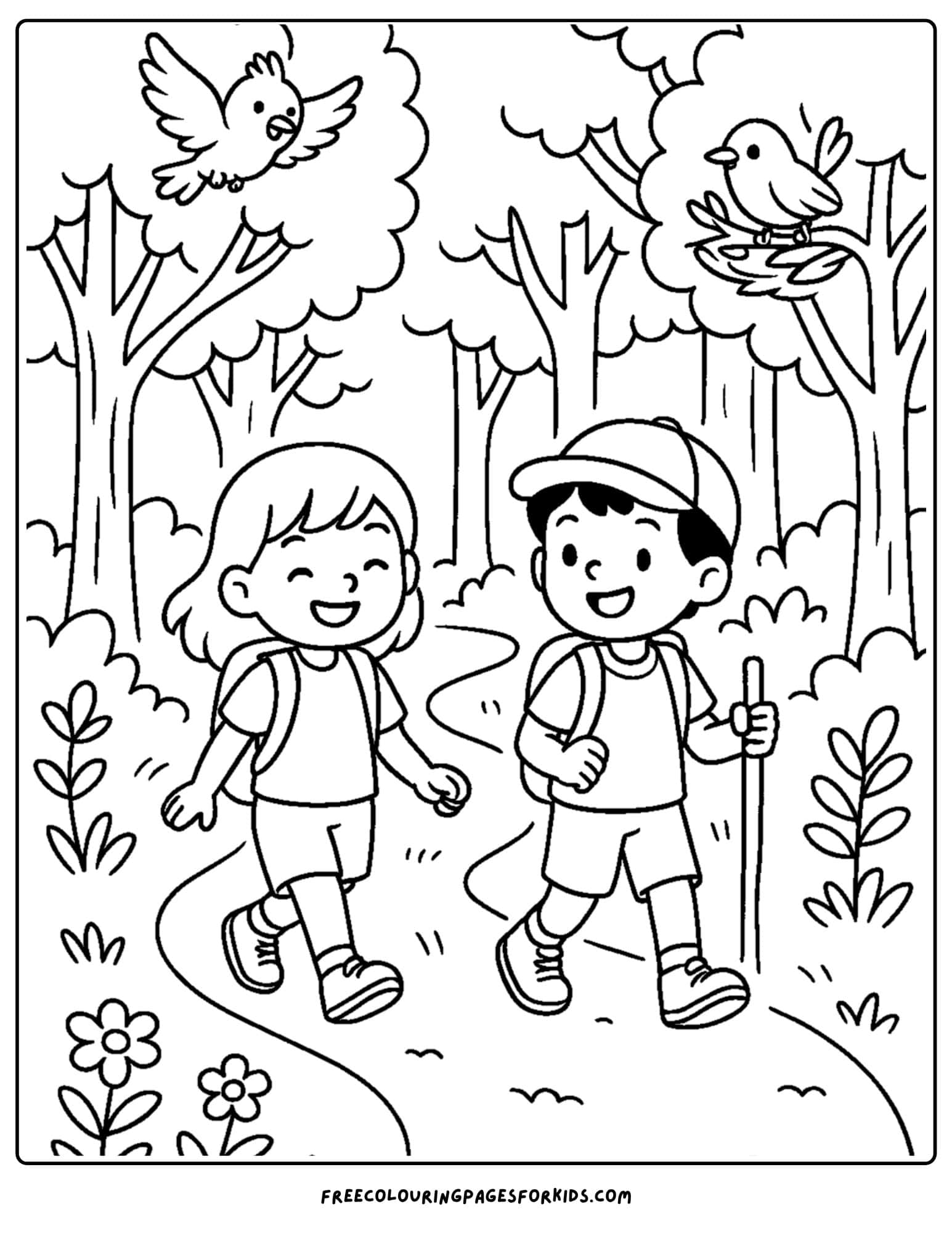 a nature coloring page featuring kids on a nature hike in the forest