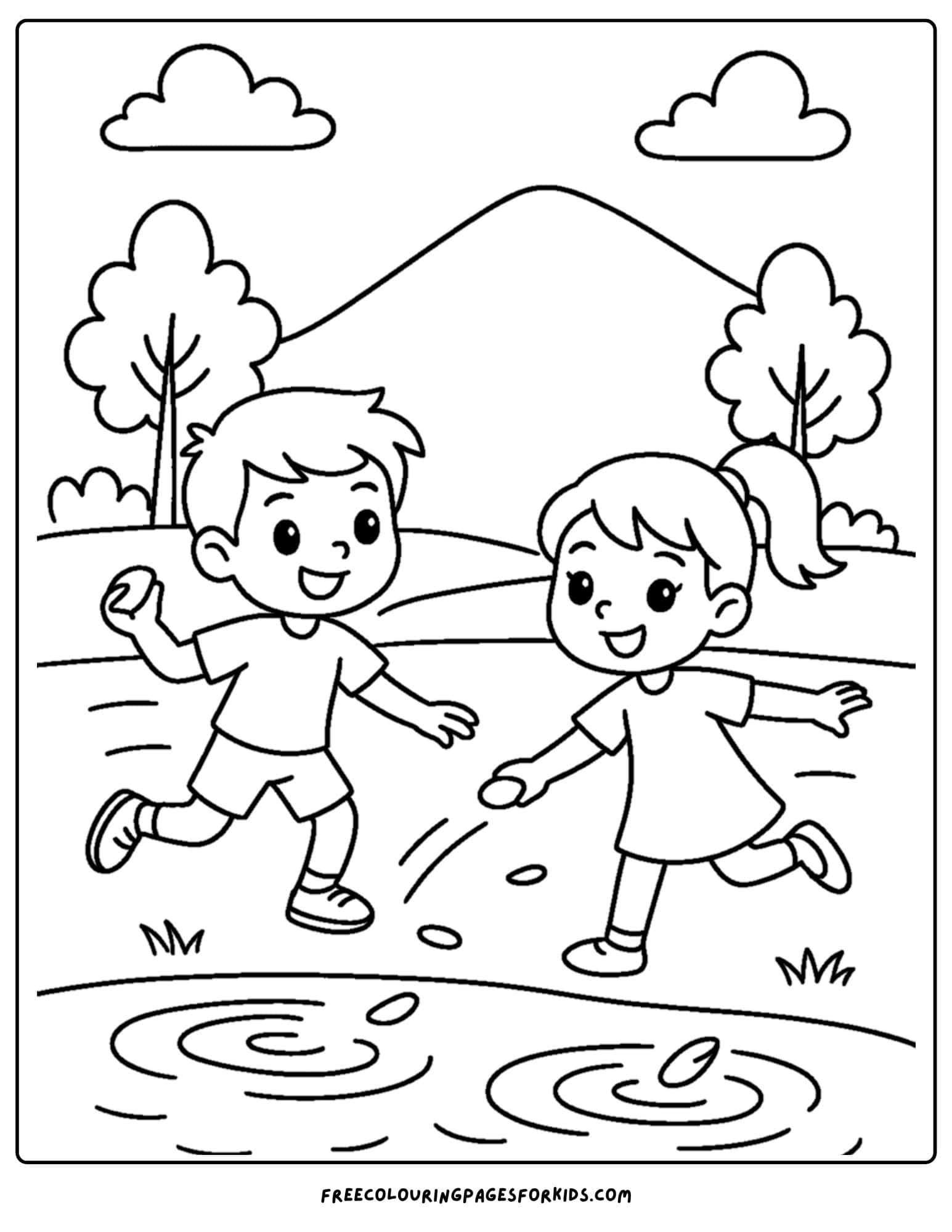 a nature coloring page featuring kids skipping stones on a pond