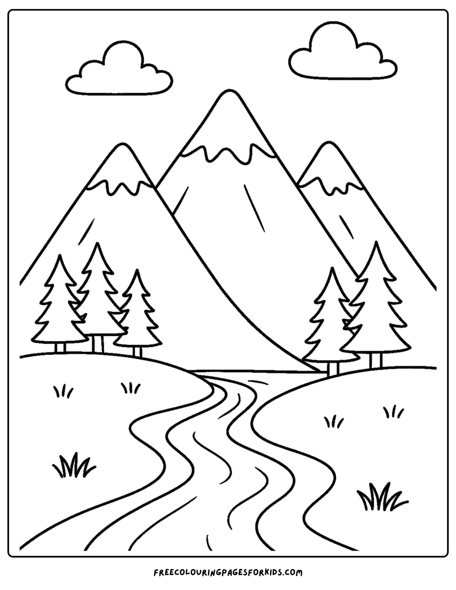 a nature coloring page featuring mountains with a river