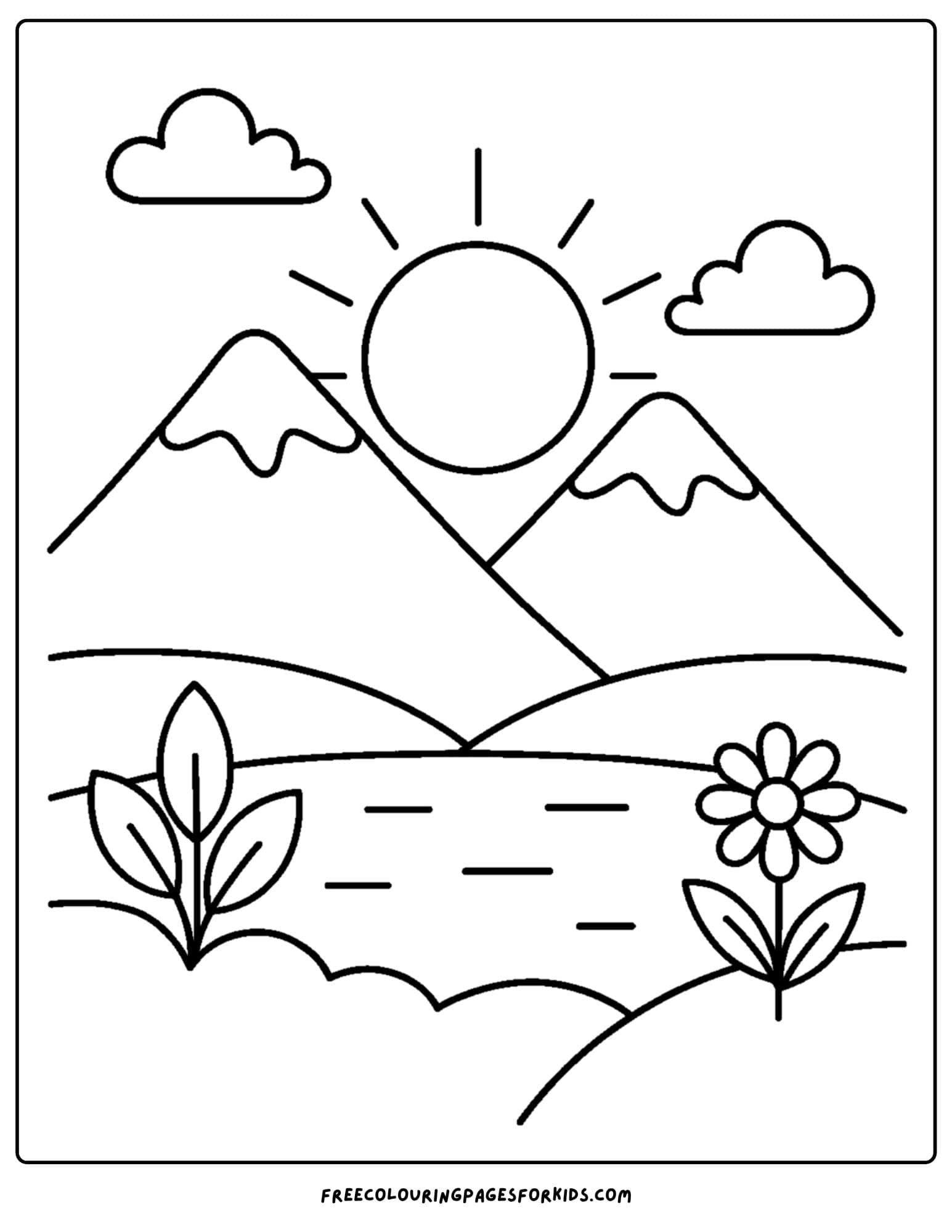 a nature coloring page featuring a mountain sunrise view