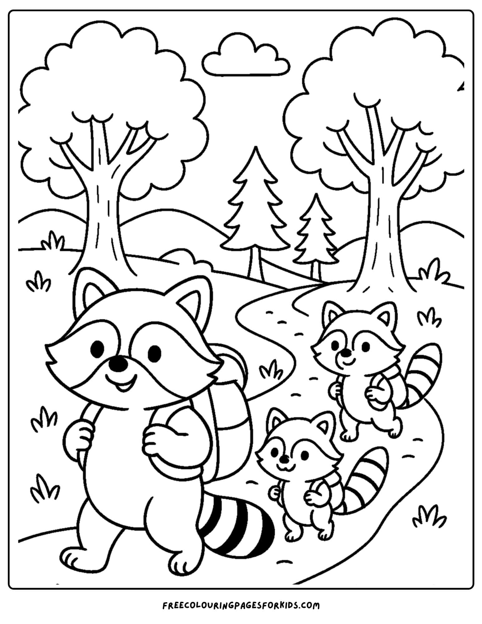 a nature coloring page featuring a raccoon family walking on a forest trail