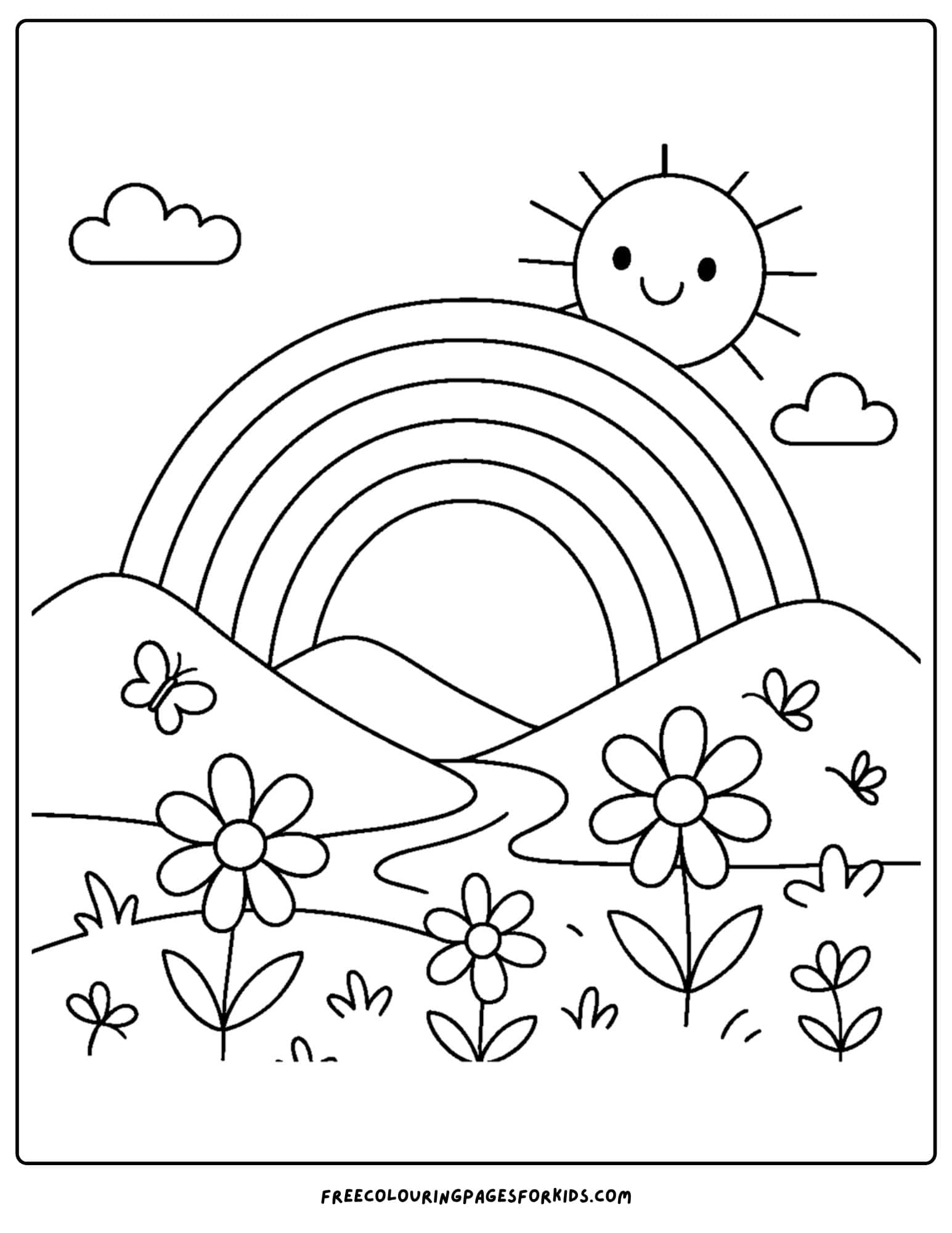a nature coloring page featuring a rainbow over a valley