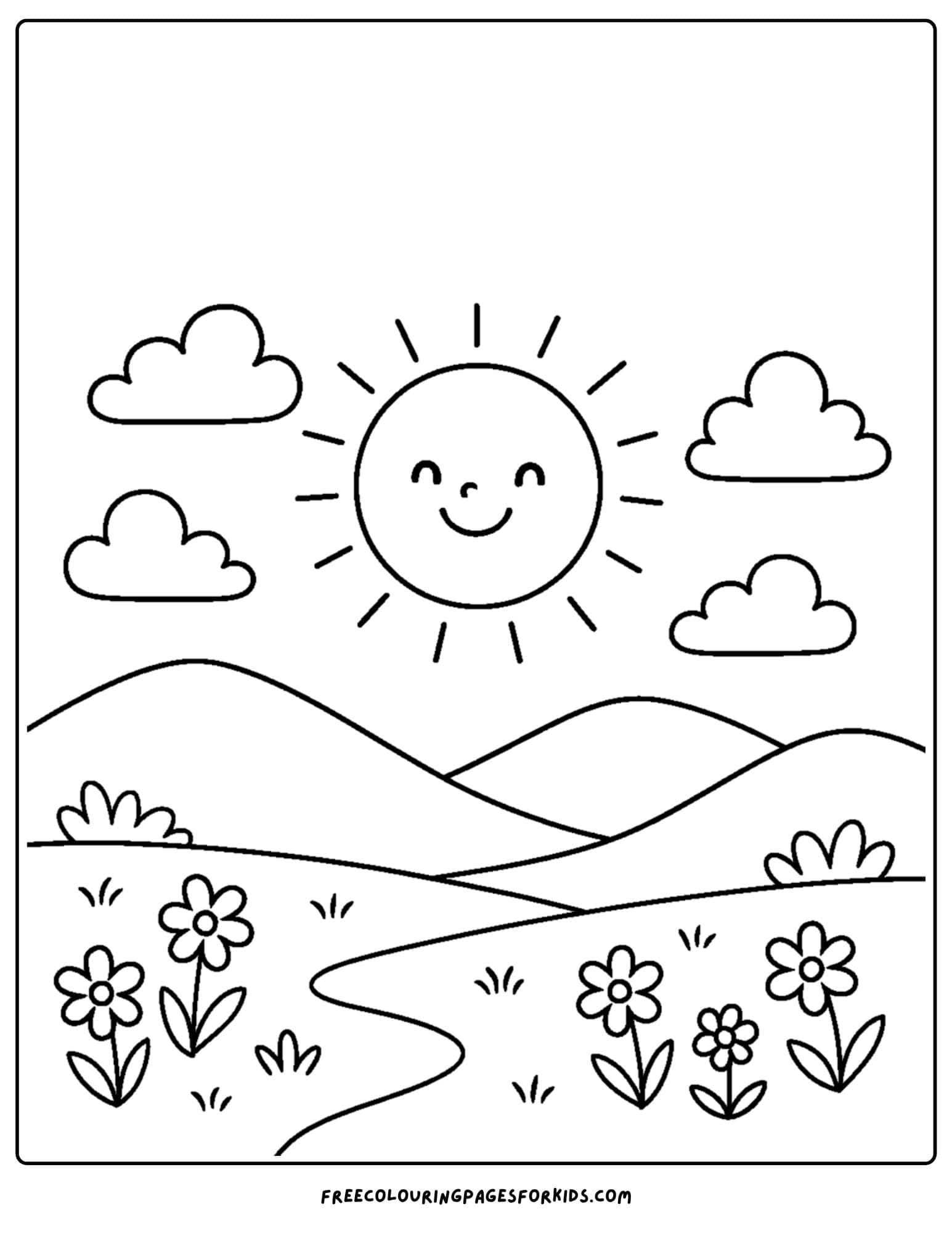 a nature coloring page featuring a smiling sun and green hills