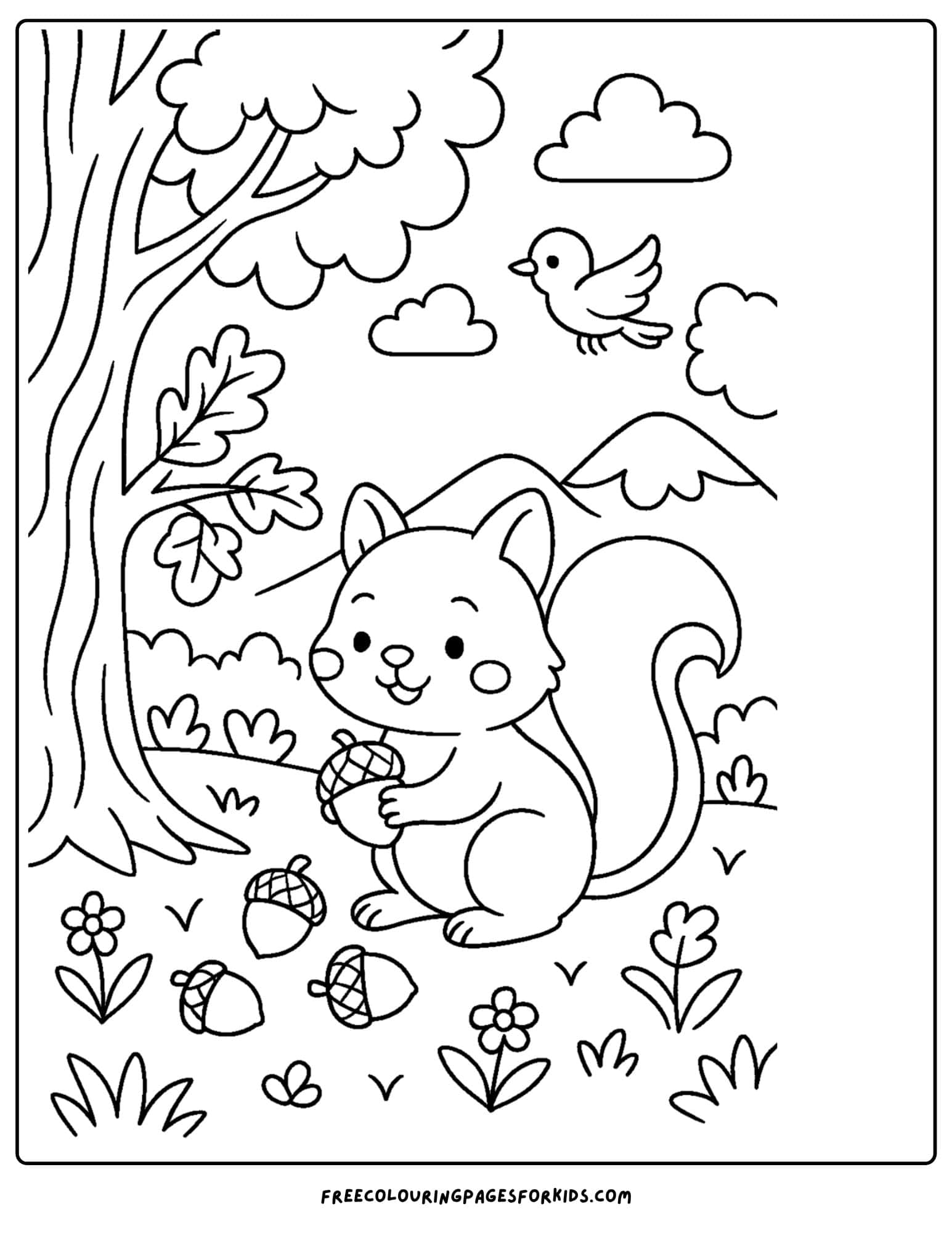 a nature coloring page featuring a squirrel collecting acorns