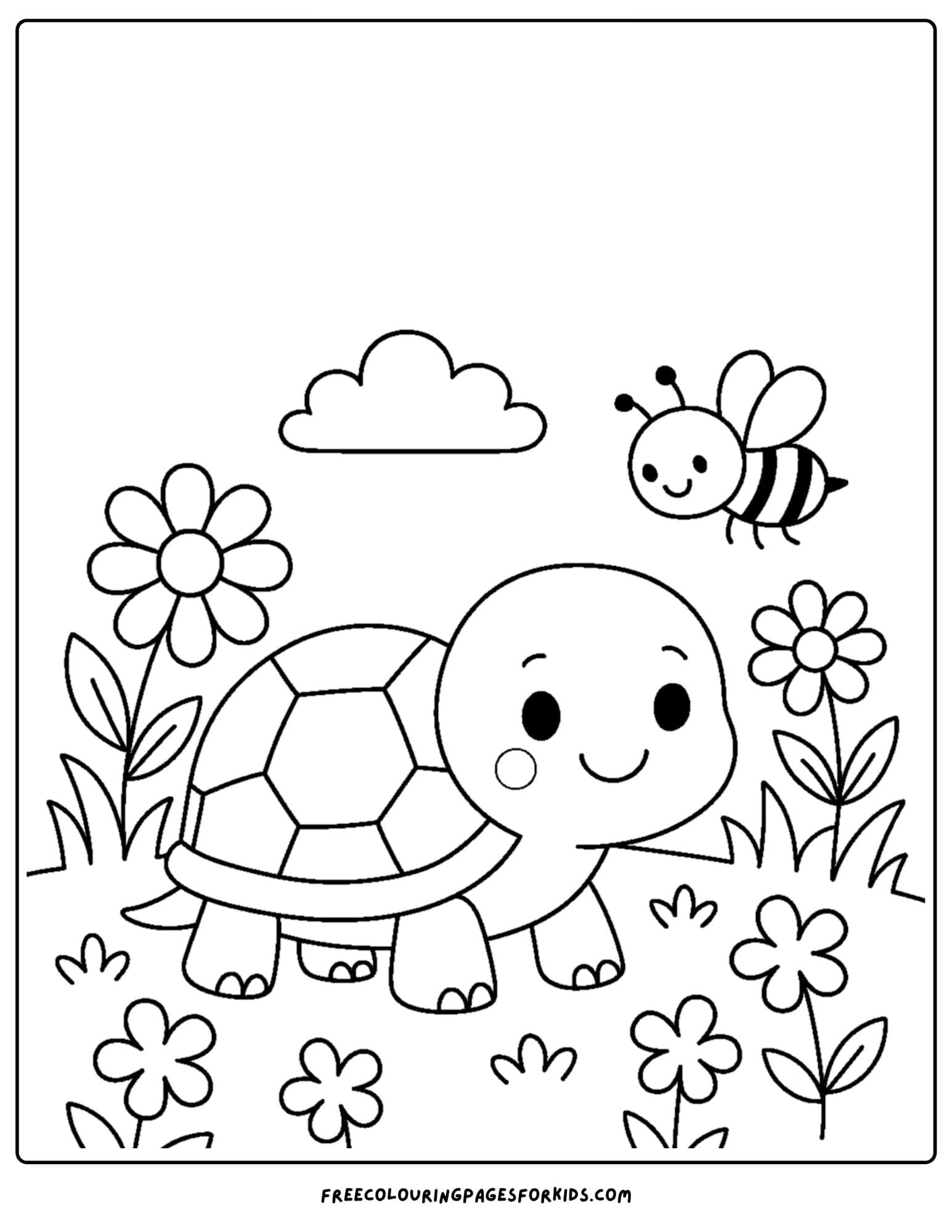 a nature coloring page featuring a turtle walking past flowers and a bee overhead