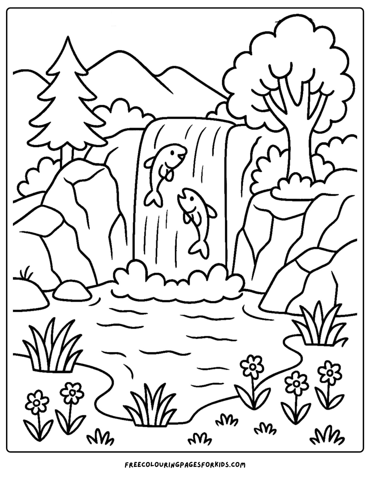 a nature coloring page featuring a waterfall with fish jumping from the water