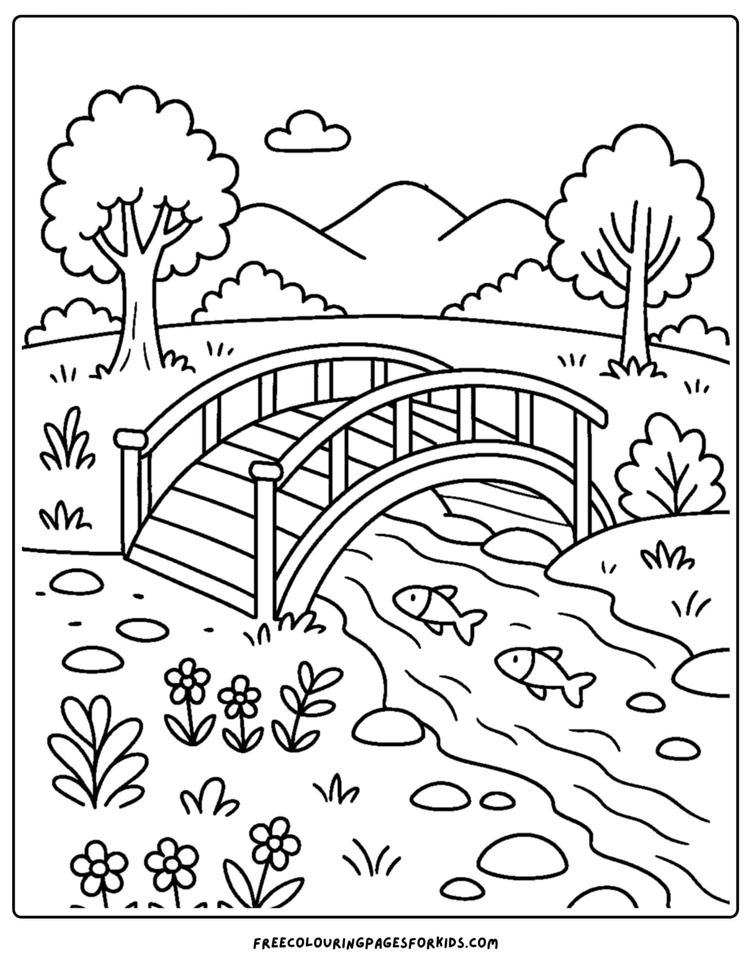 a nature coloring page featuring a bridge over a stream